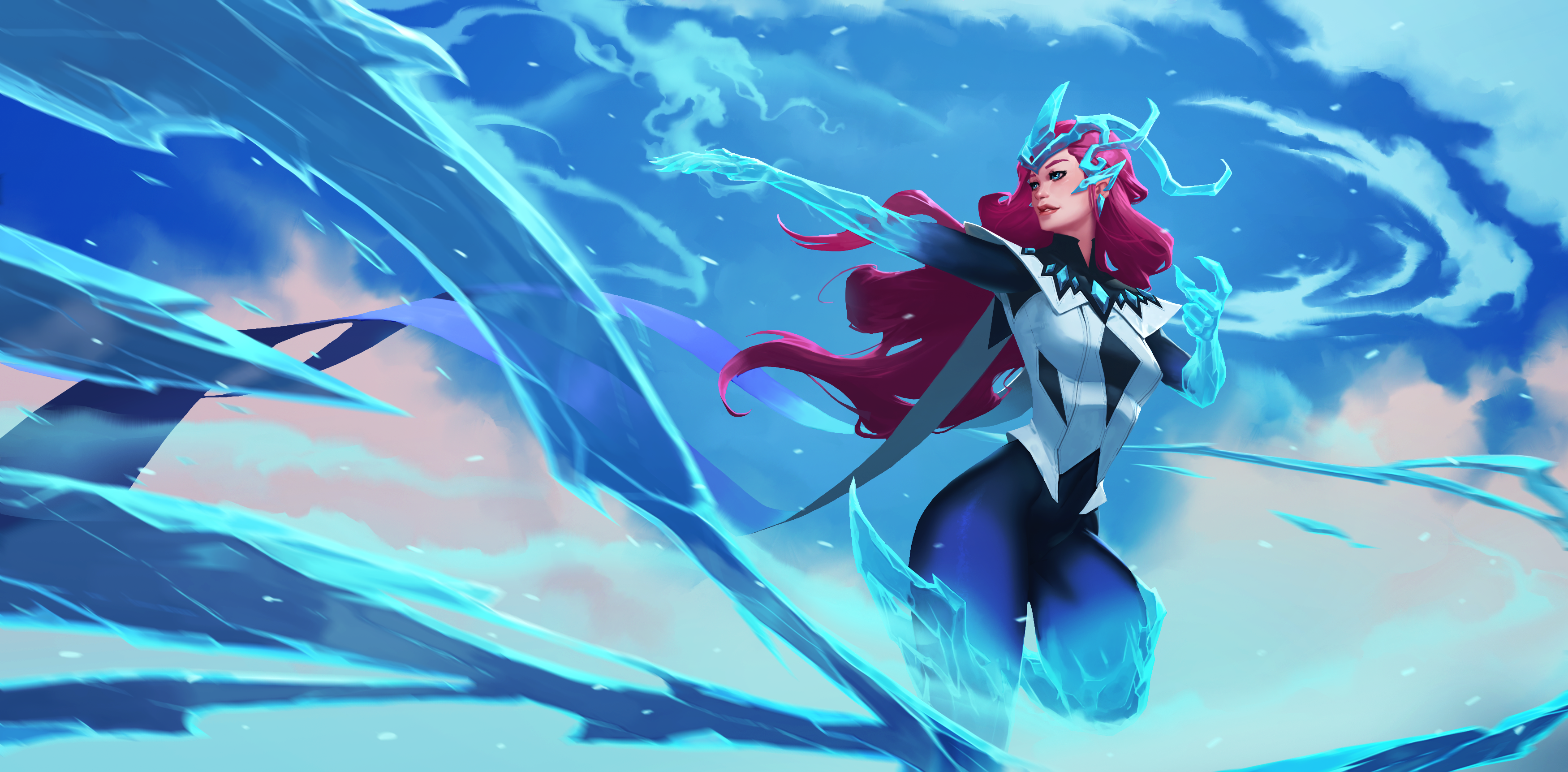Wallpaper, video games, ice, pink hair, tight clothing, women, thighs, magic, blue eyes, Alysia Battlerite 3500x1723