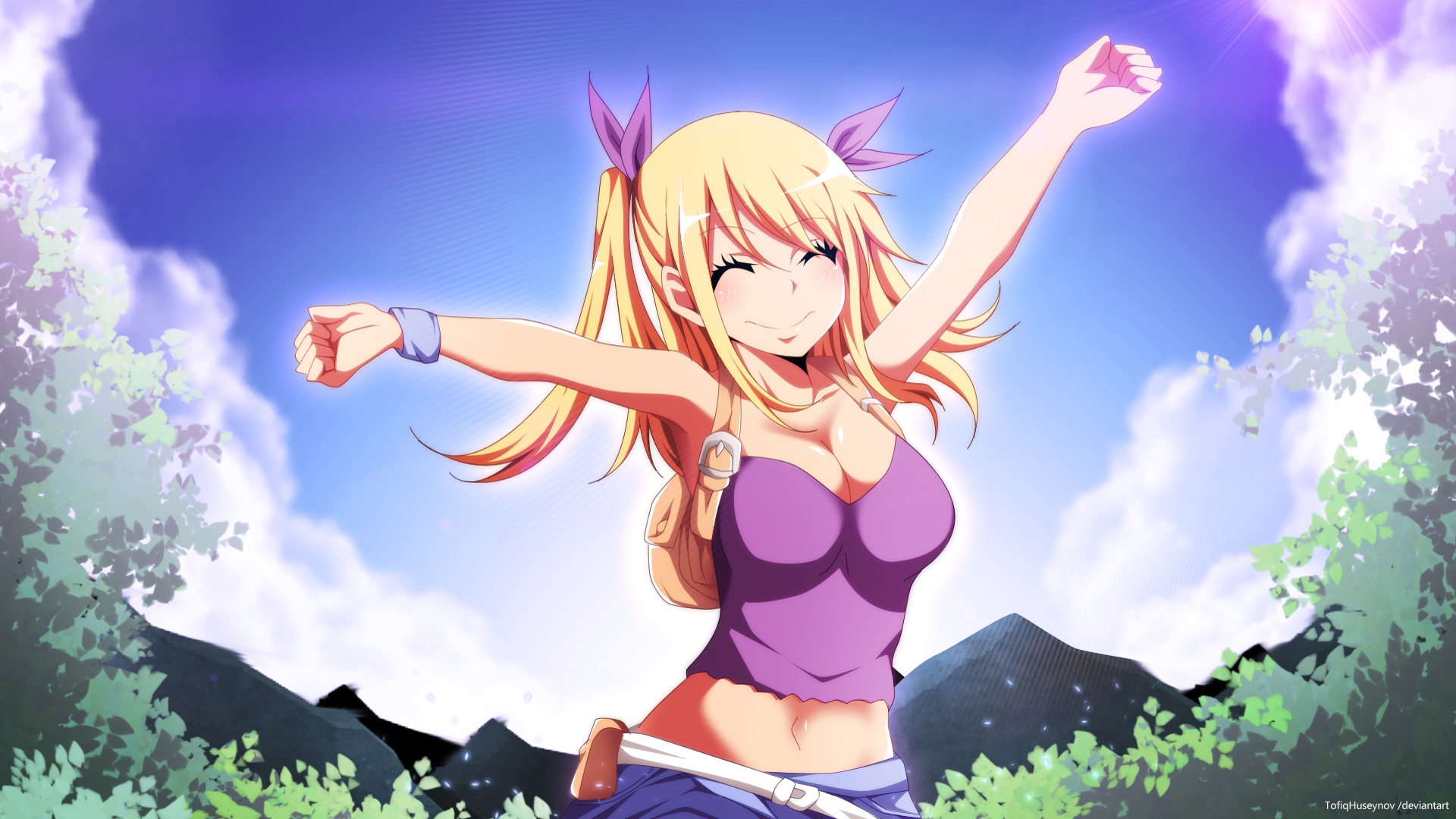Desktop Wallpaper Happy, Lucy Heartfilia, Fairy Tail, Anime Girl, Blonde, Outdoor, HD Image, Picture, Background, 23f3cc