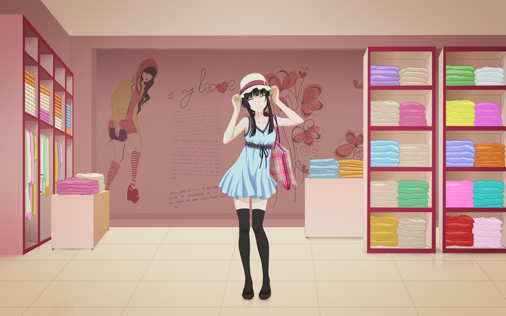 Anime Girl In Clothing Shop Wallpaper
