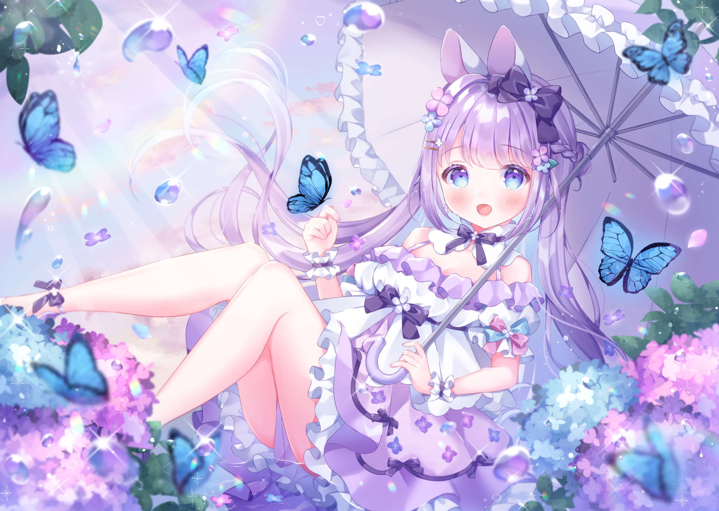 Purple Hair Umbrella Blue Eyes Lolita Fashion Anime Girls Wallpaper:2978x2117