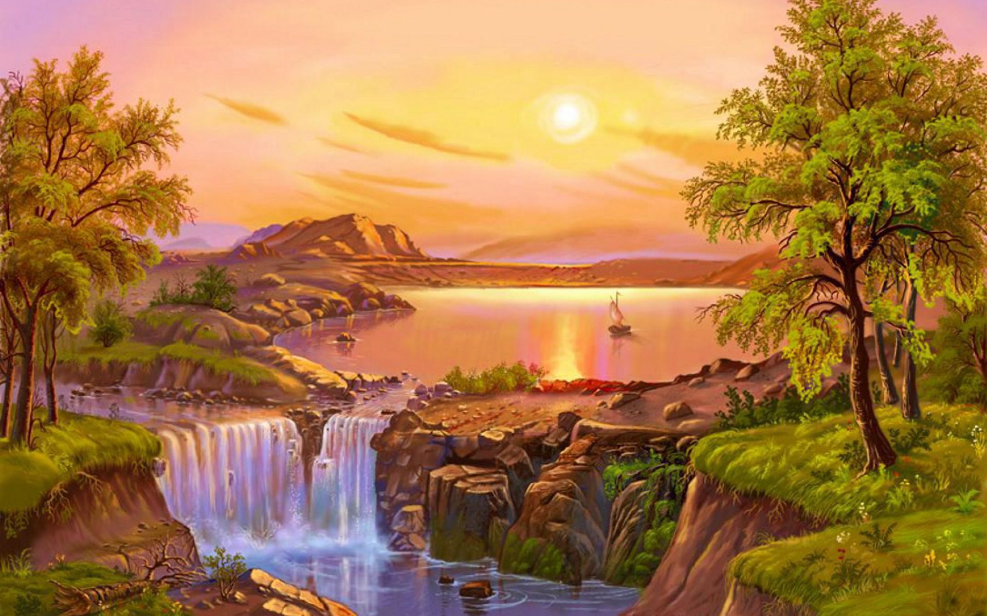 Beautiful Landscape Summer Painting River Lake Waterfall Art Image Desktop HD Wallpaper, Wallpaper13.com