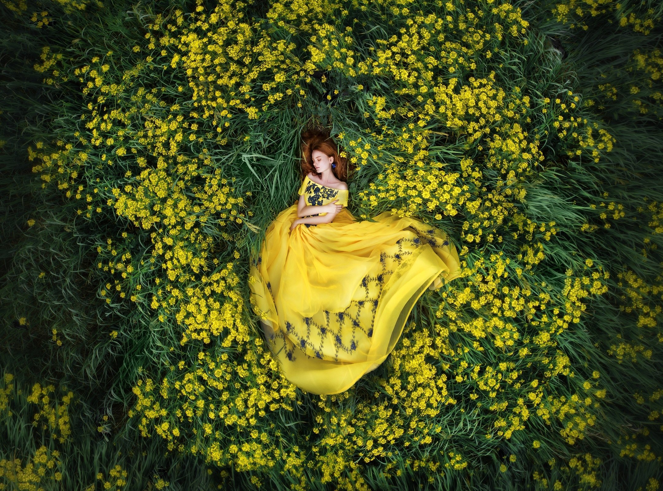 Flower Girl Lying Down Mood Redhead Woman Yellow Dress Yellow Flower Wallpaper:2160x1601
