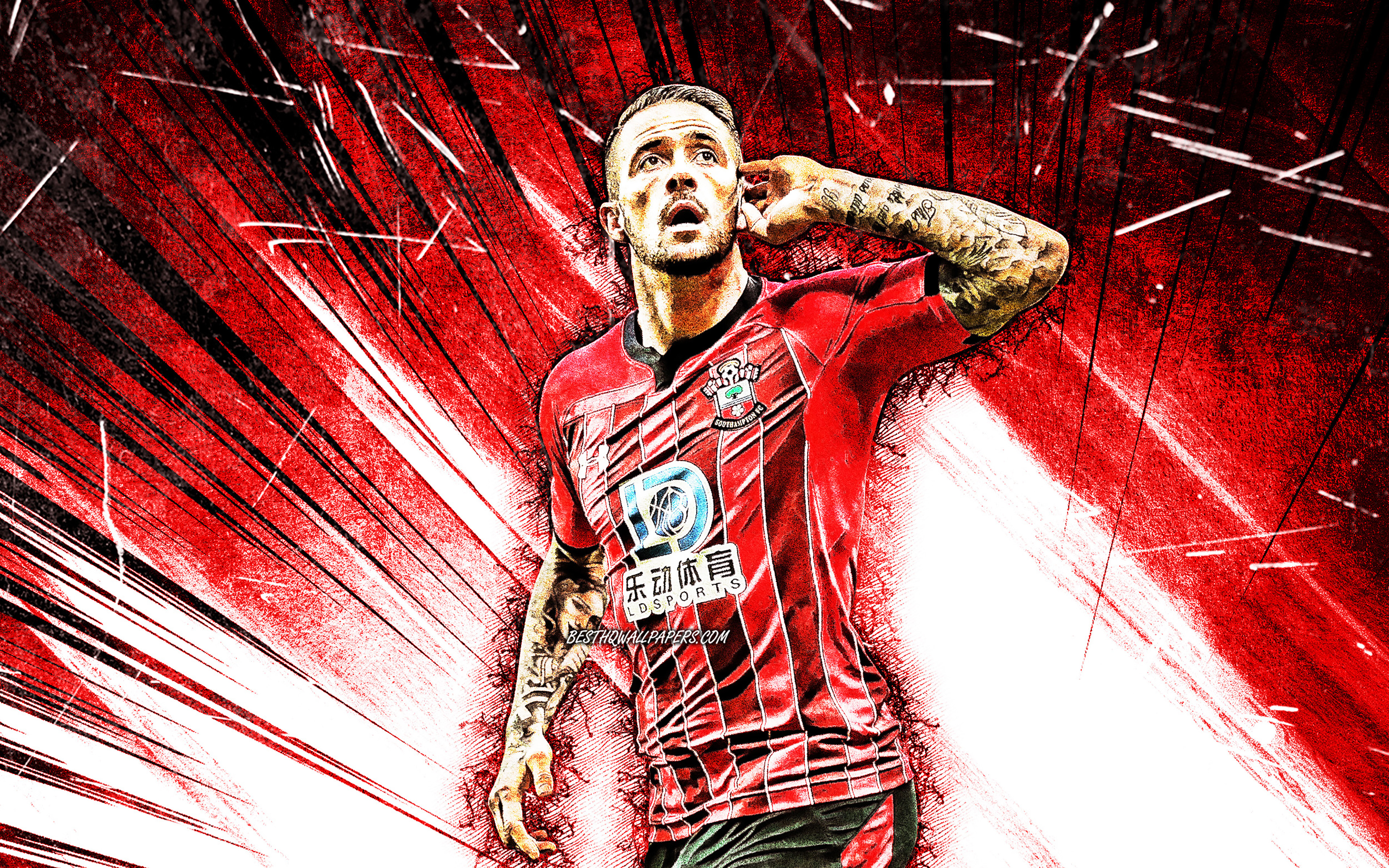Download wallpaper 4K, Danny Ings, grunge art, Southampton FC, english footballers, Premier League, soccer, England, red abstract rays, Daniel William John Ings, football, Danny Ings 4K for desktop with resolution 3840x2400. High