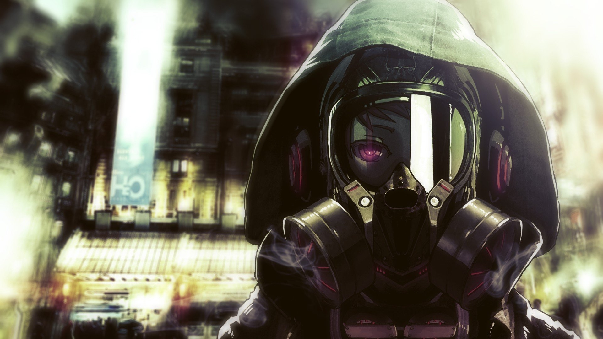 Download 1920x1080 Anime Girl, Gas Mask, Hoodie, Purple Eye Wallpaper for Widescreen