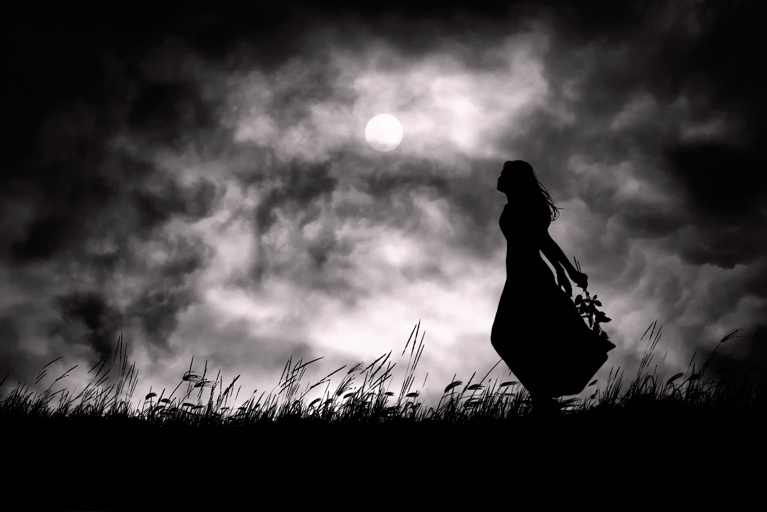 Wallpaper, sunlight, women, sky, silhouette, Moon, atmosphere, light, cloud, darkness, black and white, monochrome photography, 2500x1667 px 2500x1667