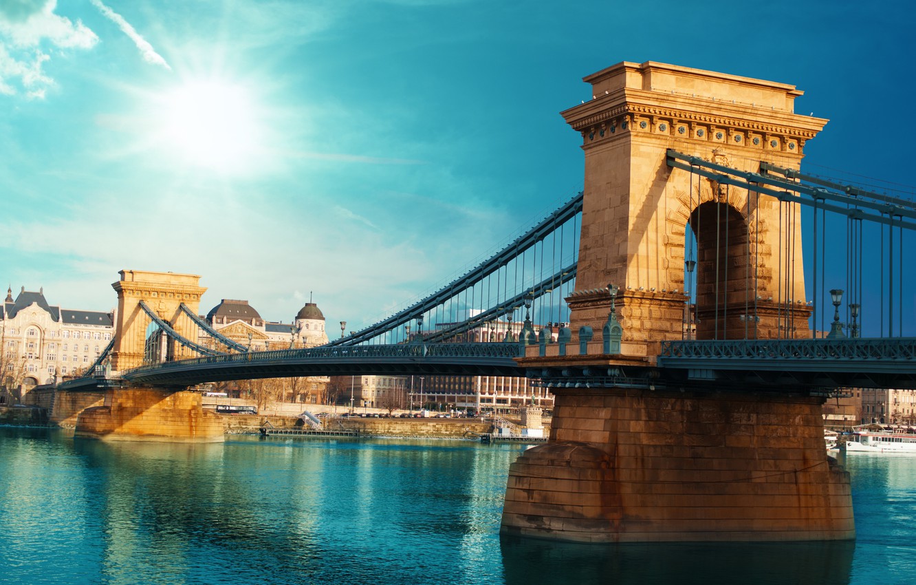 Wallpaper summer, the city, blur, bokeh, view, Hungary, Hungary, suspension bridge, travel, Budapest, Széchenyi chain bridge, wallpaper., my planet, the Danube river, the sun on a clear day, connects the two parts
