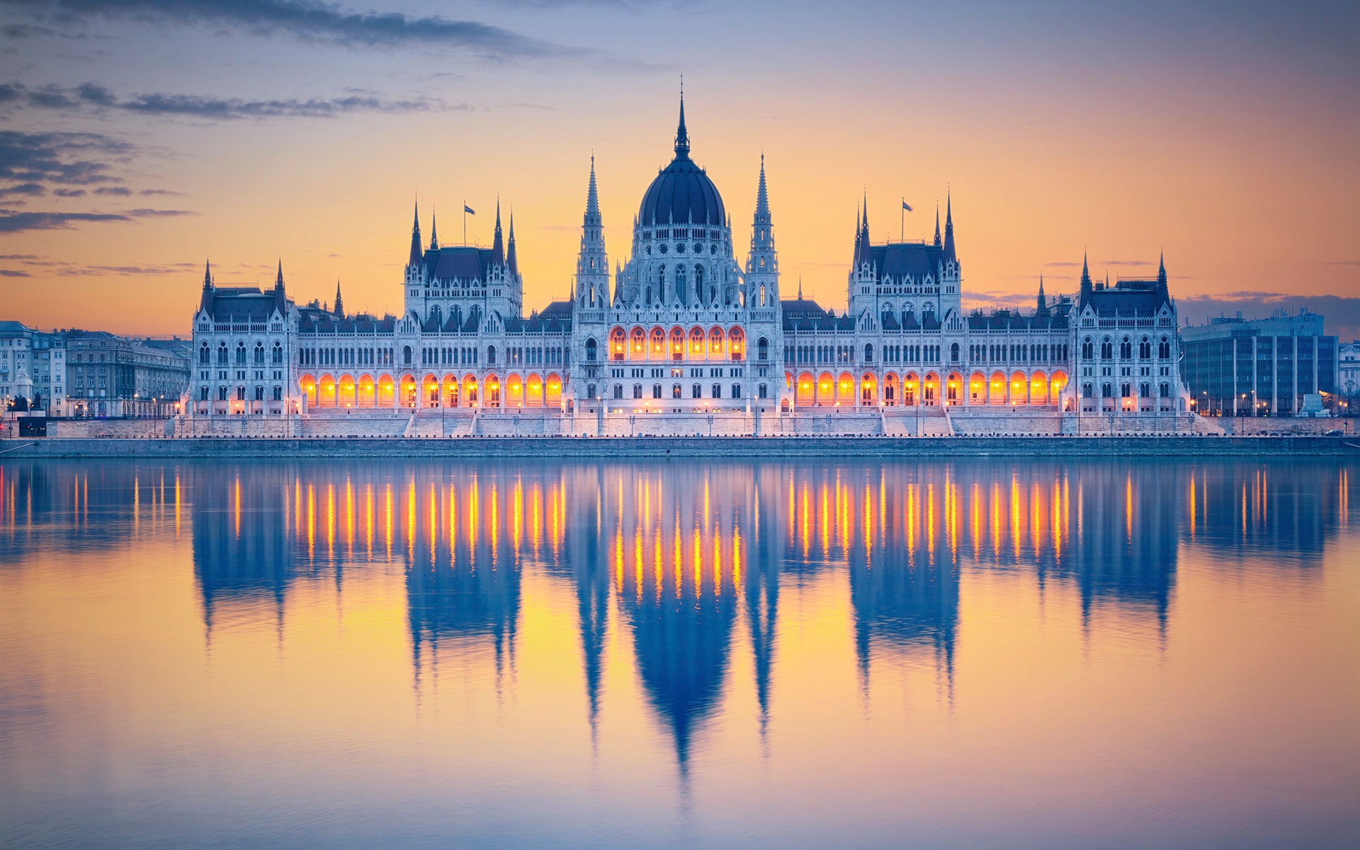 Wallpaper Hungary, Budapest, Parliament, water reflection, river, lights, clouds, dawn 1920x1200 HD Picture, Image