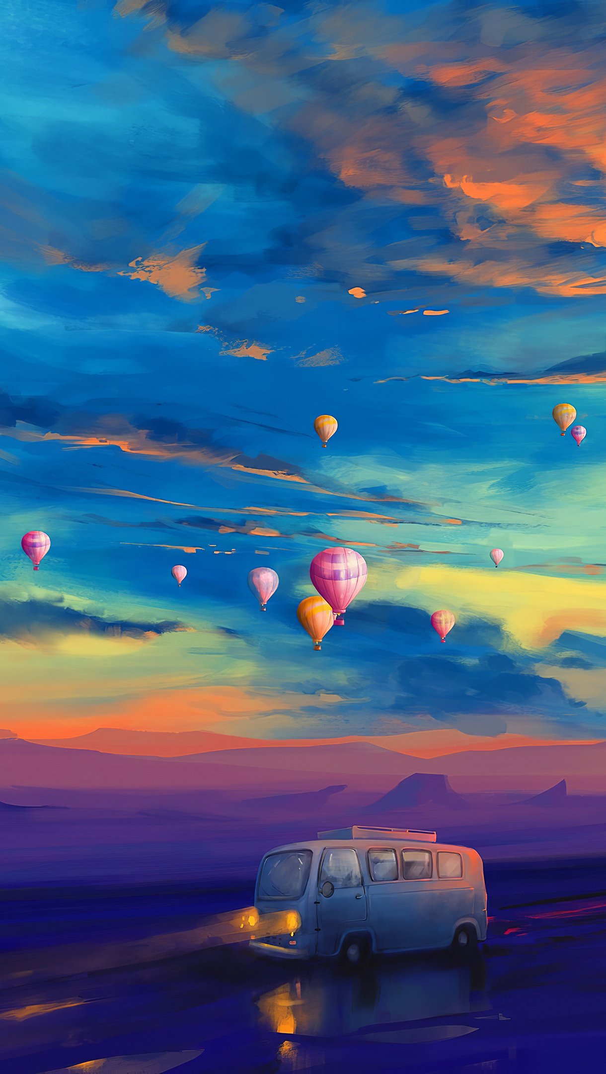 Van and hot air balloon in colourful sunset Wallpaper 4k Ultra HD