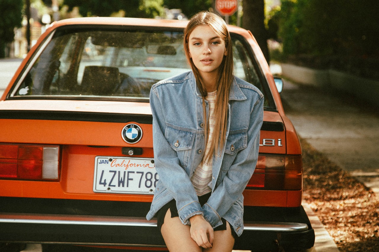 Wallpaper, model, long hair, car, women with cars, natural light, orange cars, BMW E30, driving, Olivia Brower, automobile make, luxury vehicle 1280x853