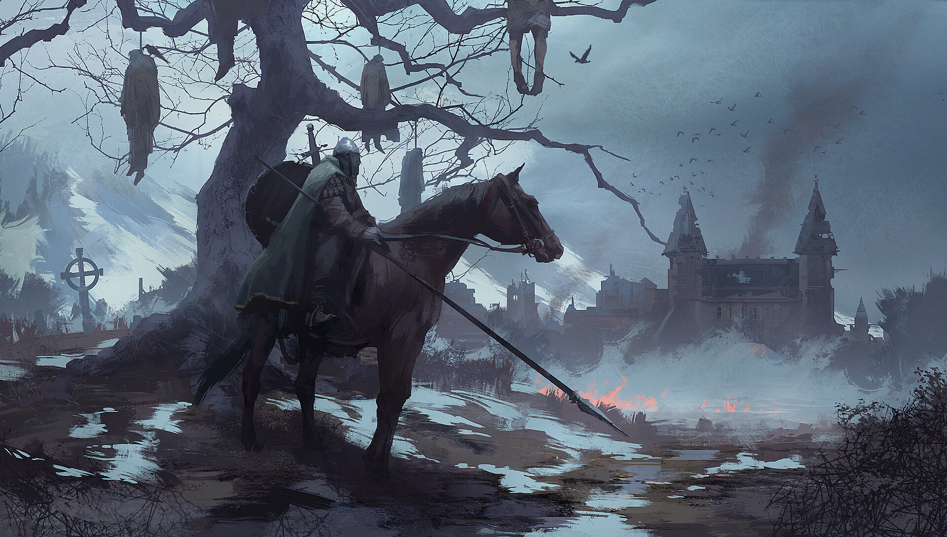 Wallpaper, medieval, artwork, knight, castle, corpse, horse 1920x1090