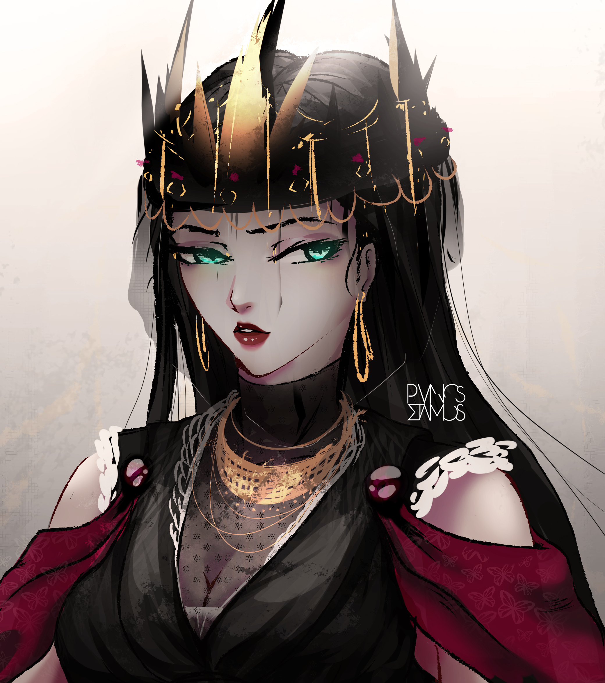 Wallpaper, Queen, anime girls, green eyes, black hair, dark hair, crown, artwork, illustration, WLOP, PanosStamo, fantasy art, fantasy girl 2080x2350