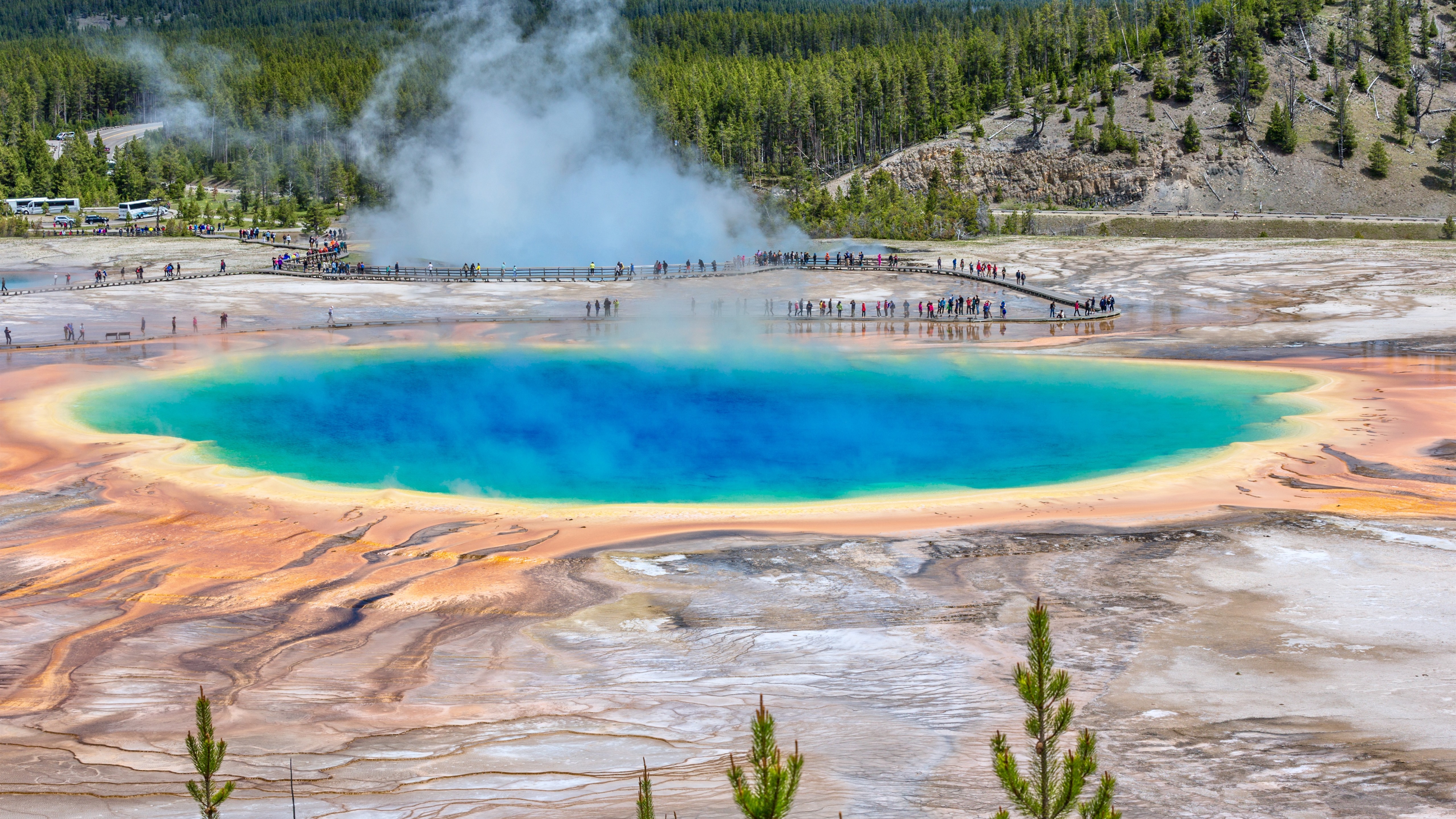 Wallpaper Yellowstone National Park, USA, lake, steam, trees, people 5120x2880 UHD 5K Picture, Image