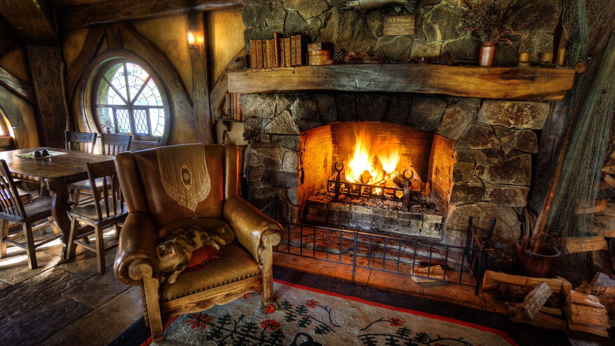 Wallpaper, cat, wood, indoors, fire, HDR, fireplace, interior design, cottage, estate, living room, hearth 2400x1350