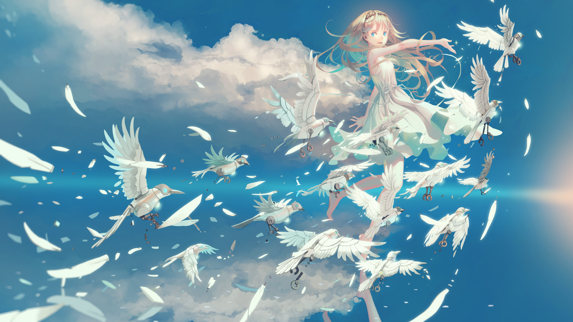 Sky Water Reflection Birds Robots Anime 1920x1080 UHD Wallpaper. Walldump HD and UHD Wallpaper