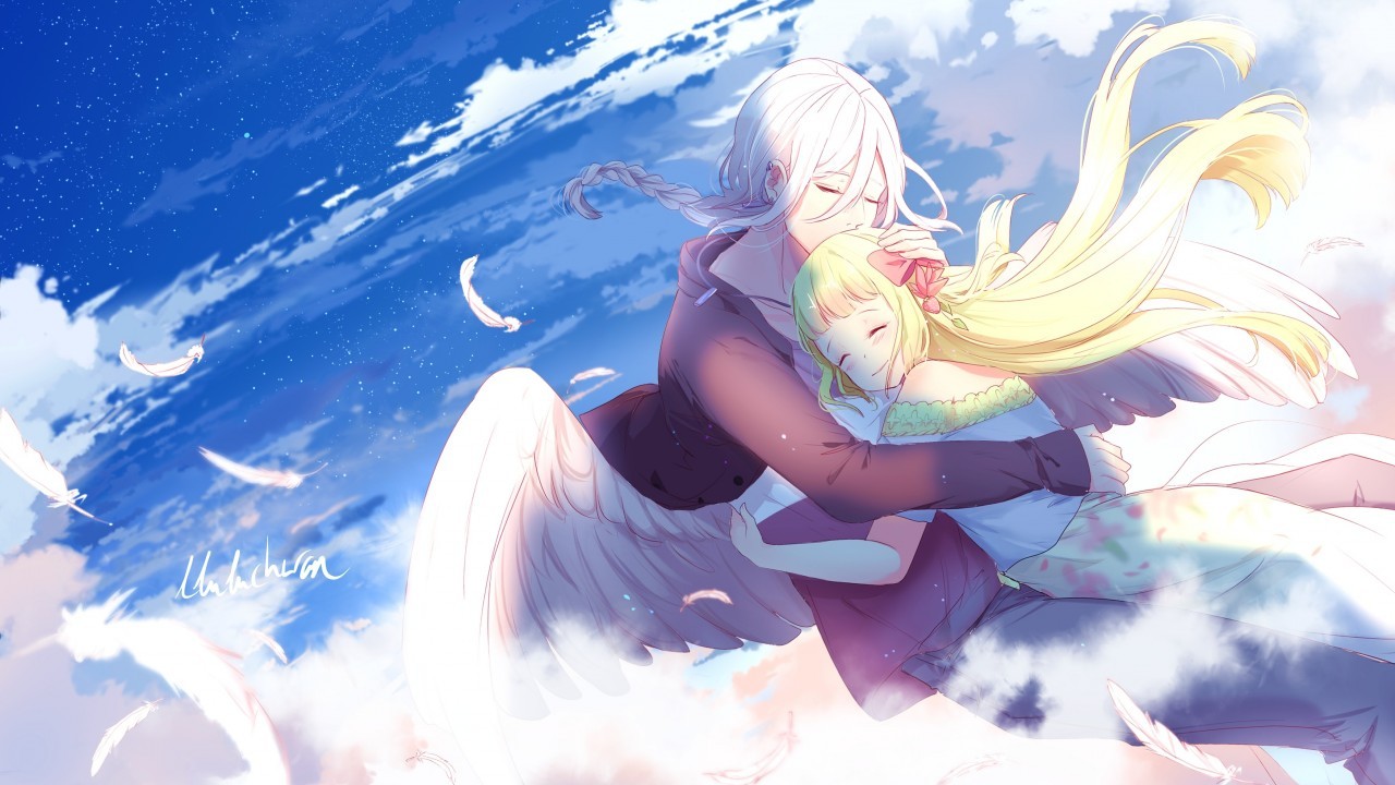 Download 1280x720 Anime Girls, Angel, Wings, Sky, Clouds, Family Union Wallpaper