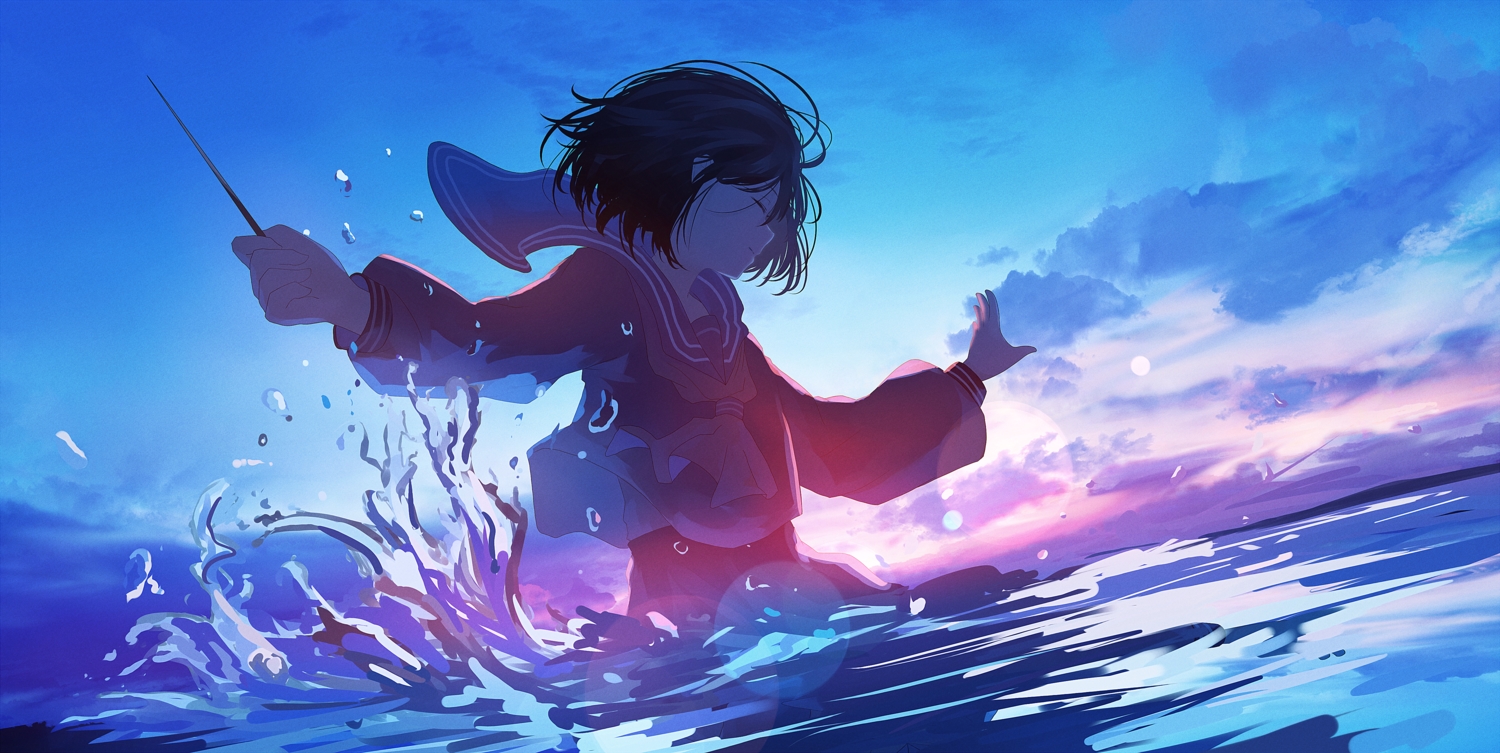 black hair clouds mifuru original polychromatic school uniform short hair sky water. konachan.com.com Anime Wallpaper