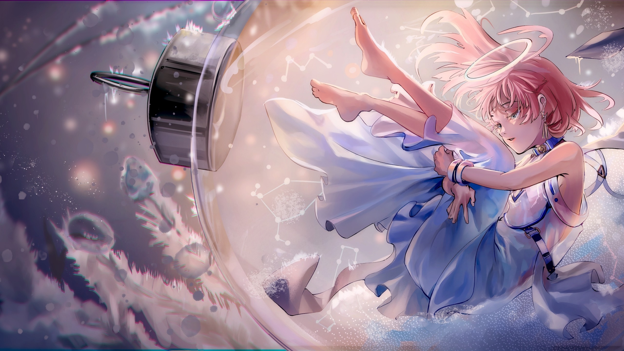 Download 2560x1440 Fallen Angel, Anime Girl, Pink Hair, Dress, Angel Ring Wallpaper for iMac 27 inch