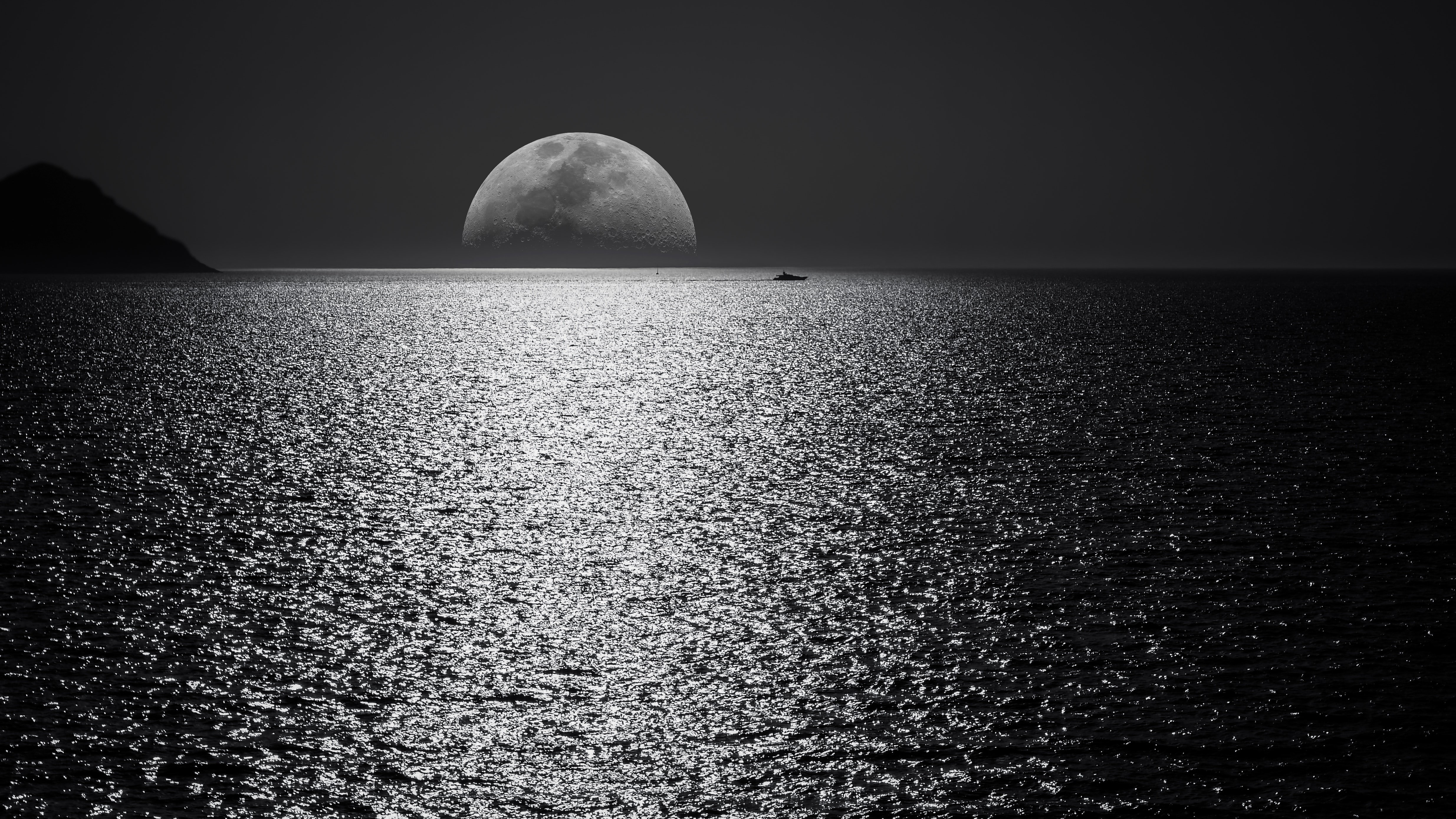Black And White Moon Ocean During Night Time, HD Nature, 4k Wallpaper, Image, Background, Photo and Picture