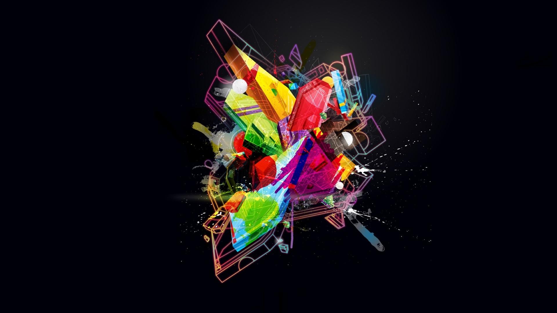 Wallpaper, colorful, digital art, abstract, 3D, space, minimalism, glowing, graphic design, geometry, splashes, ART, graphics, 1920x1080 px, computer wallpaper 1920x1080