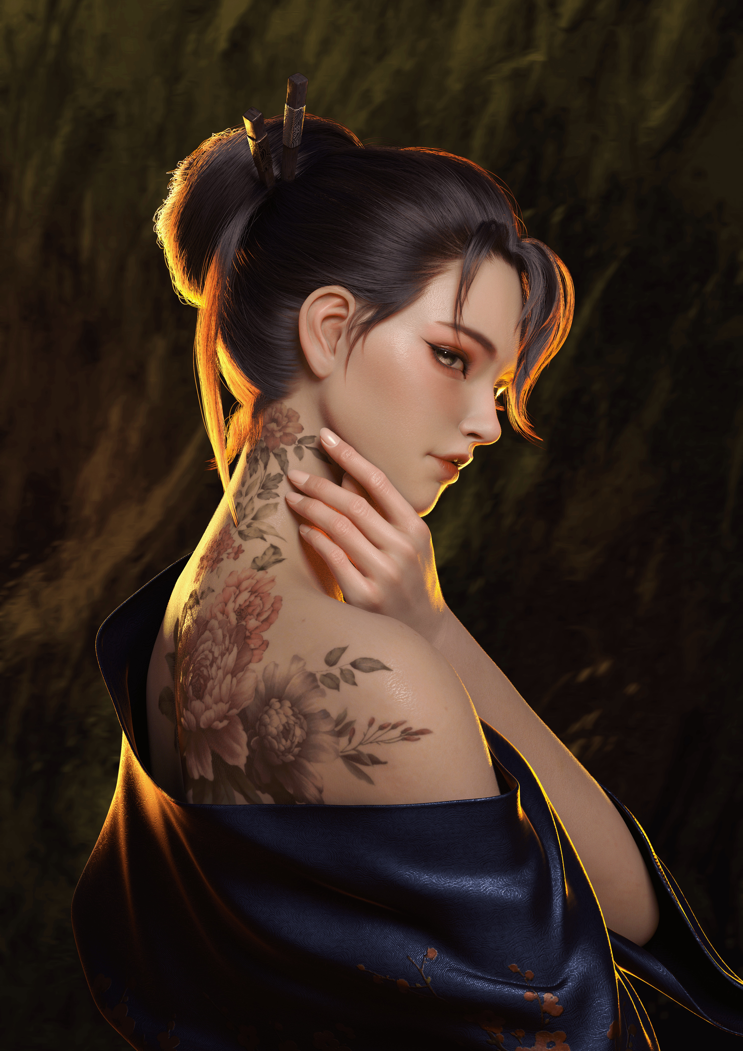 Wallpaper, samurai, women, tattoo