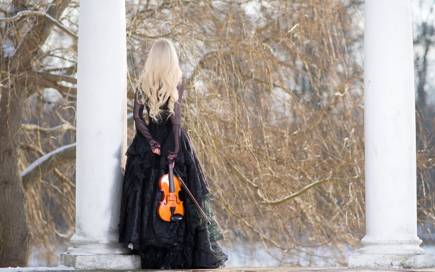 1680x1050 women hair dress blonde model classical violin winter black classy wallpaper JPG 365 kB