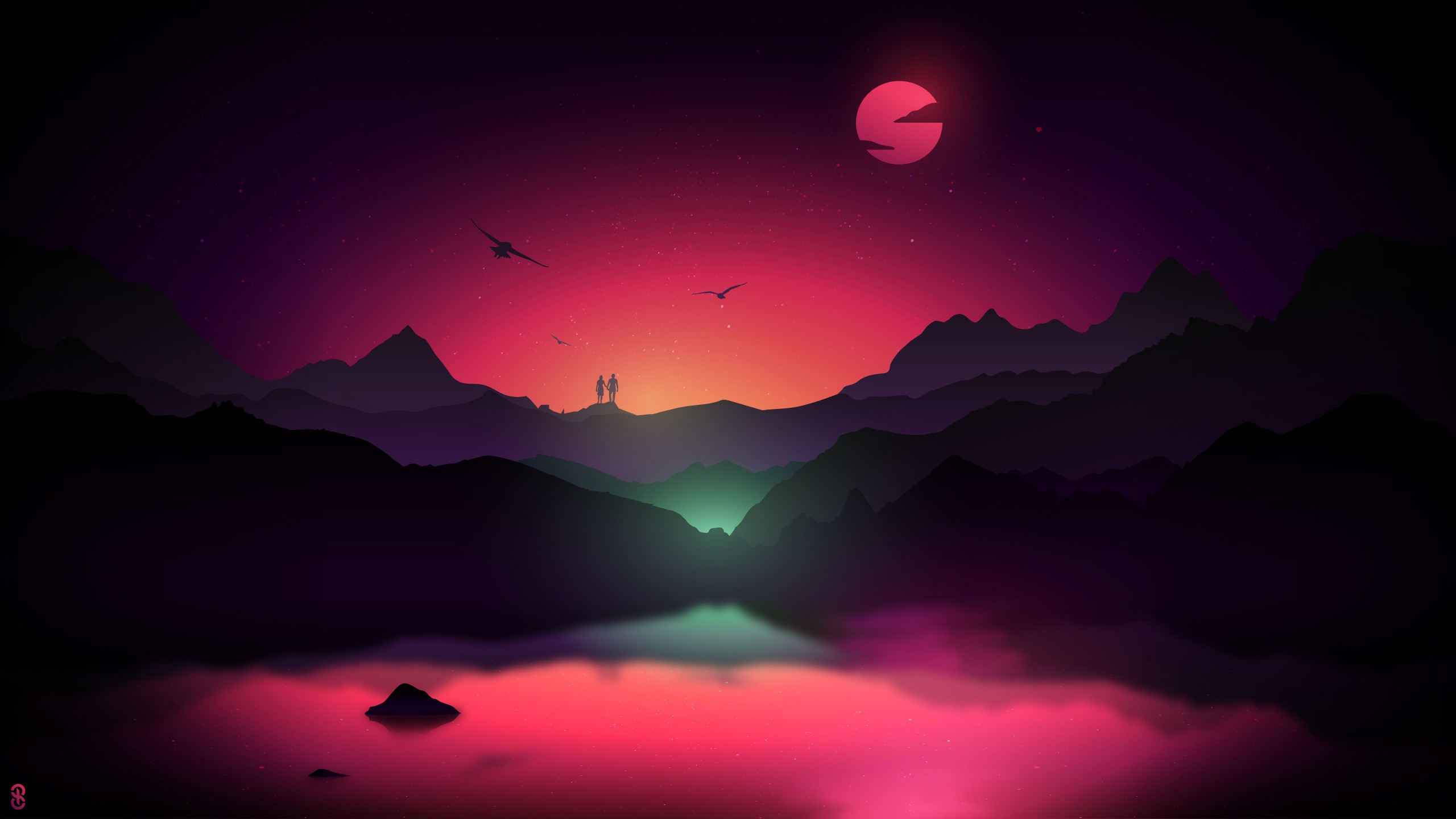 Wallpaper, 2560x1440 px, artwork, digital art, landscape, sunset, valley 2560x1440