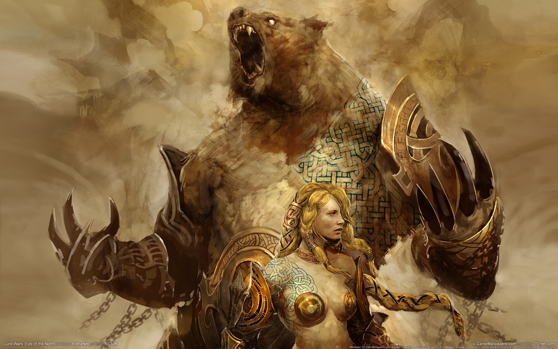 blondes women video games guild wars artwork warriors bears chains 1920x1200 wallpaper