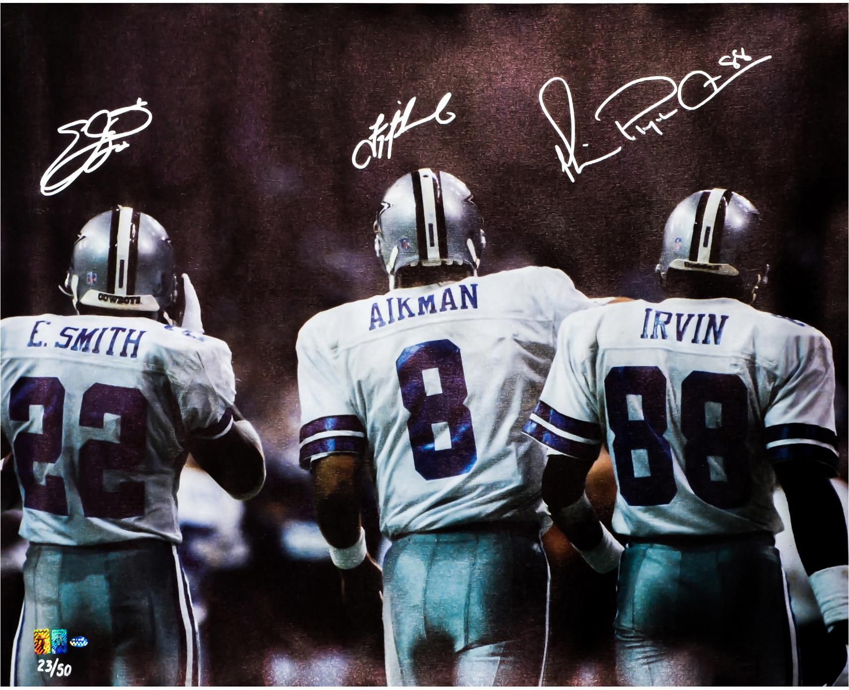 Troy Aikman Michael Irvin Emmitt Smith Dallas Cowboys Autographed 42 X 35 Canvas. Dallas Cowboys, Troy Aikman, Dallas Cowboys Outfits