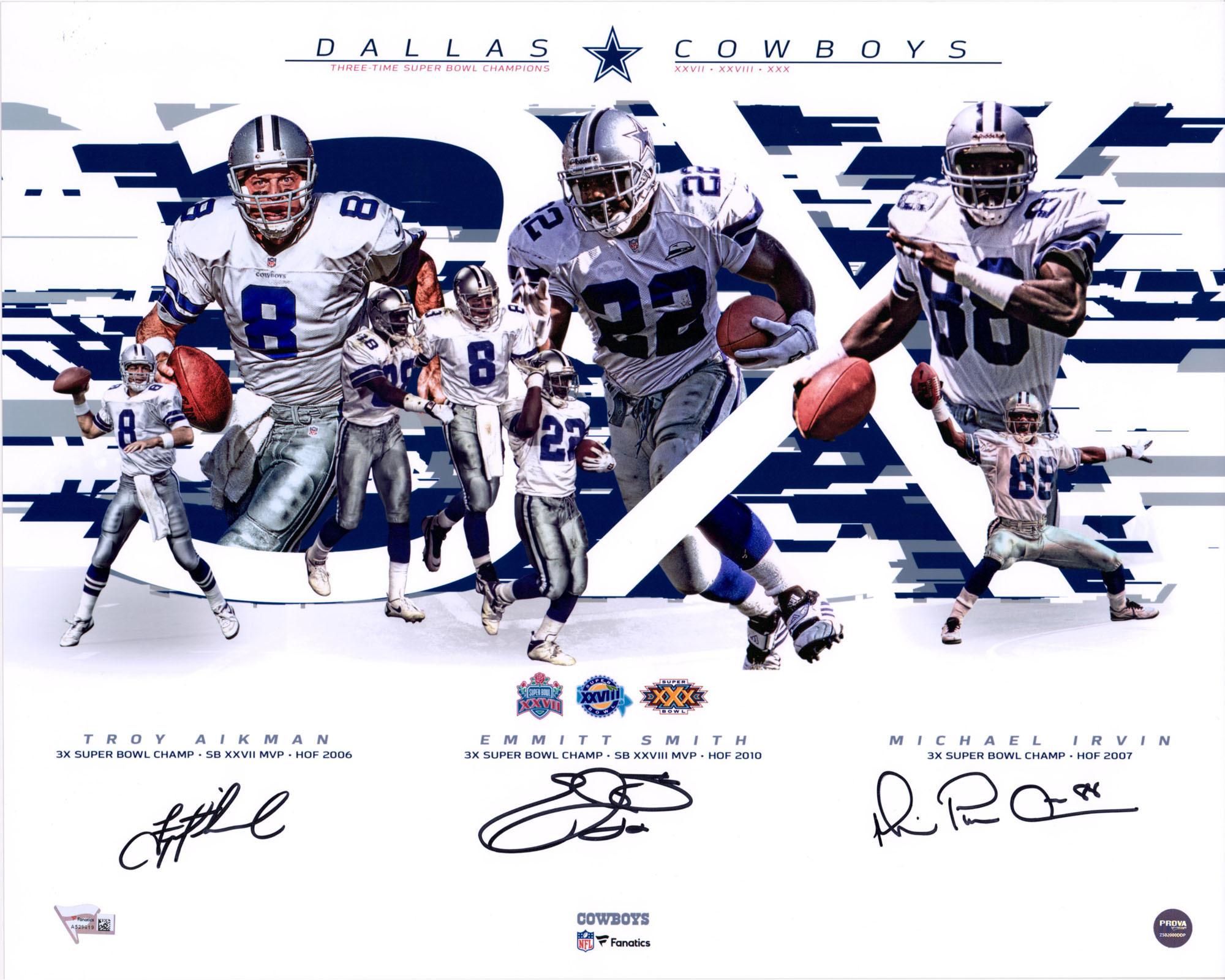 Troy Aikman, Emmitt Smith, & Michael Irvin Dallas Cowboys Autographed 16 X 20 3 Time Champions Photograph Authentic Certified