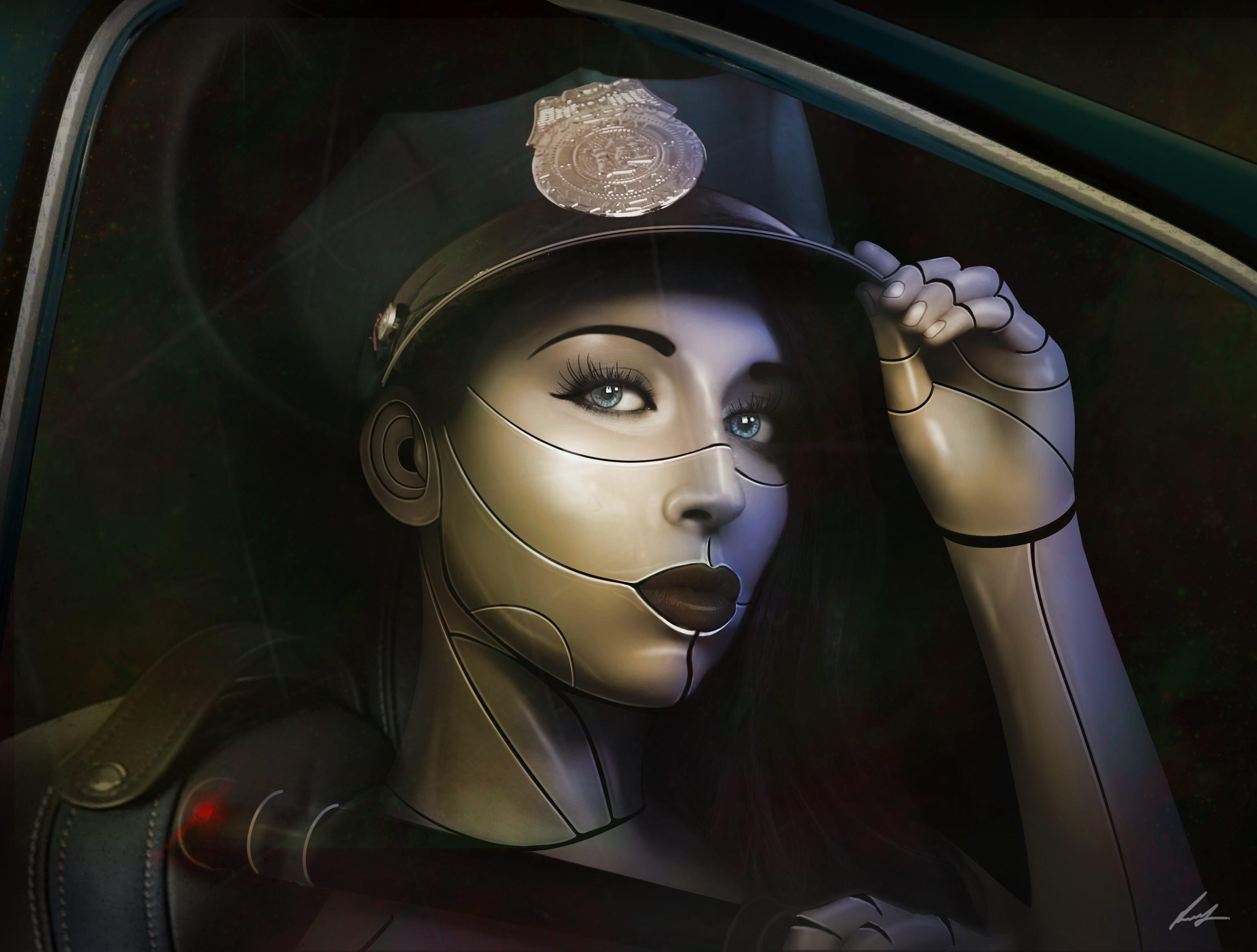 Technics Robot Police Hat Face Glance Fantasy Girl cyborg police wallpaperx2424