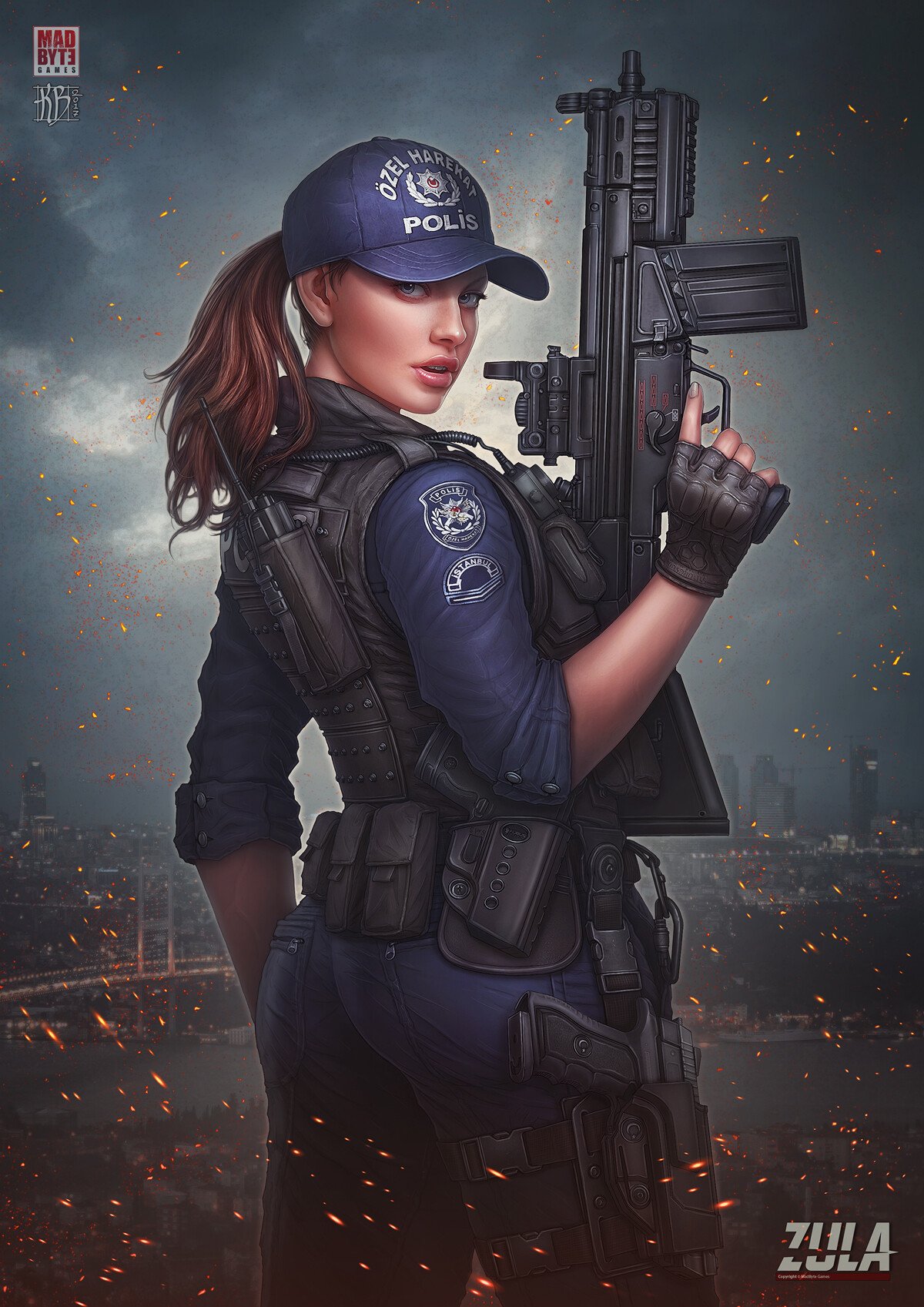 Wallpaper, Kerem Beyit, artwork, police women, girls with guns, machine gun, standing, hat, uniform, looking at viewer 1200x1697