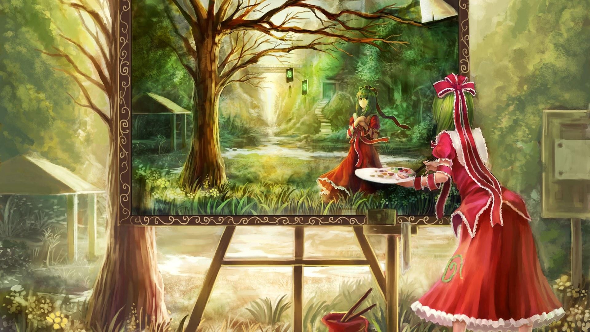 Wallpaper, girl, dress, red, painting, forest 1920x1080