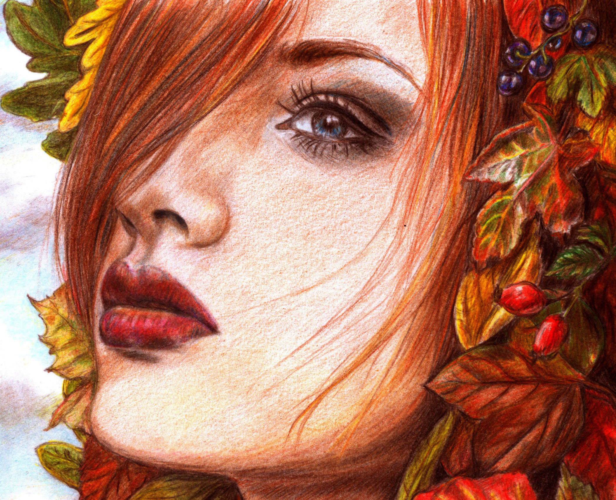 Wallpaper, 2101x1707 px, ART, eyes, face, girl, girls, glance, hair, lips, painting, red, redhead 2101x1707