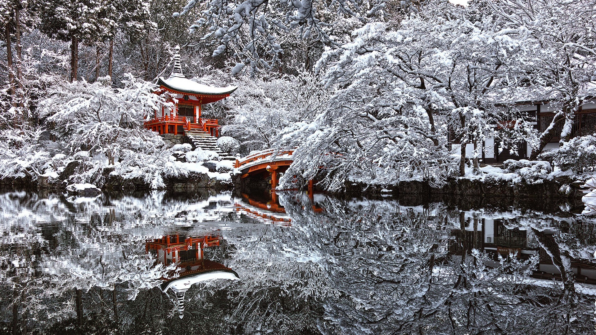Japan, Temple, Snow, Winter, Reflection, Pond, Kyoto Winter Wallpaper HD