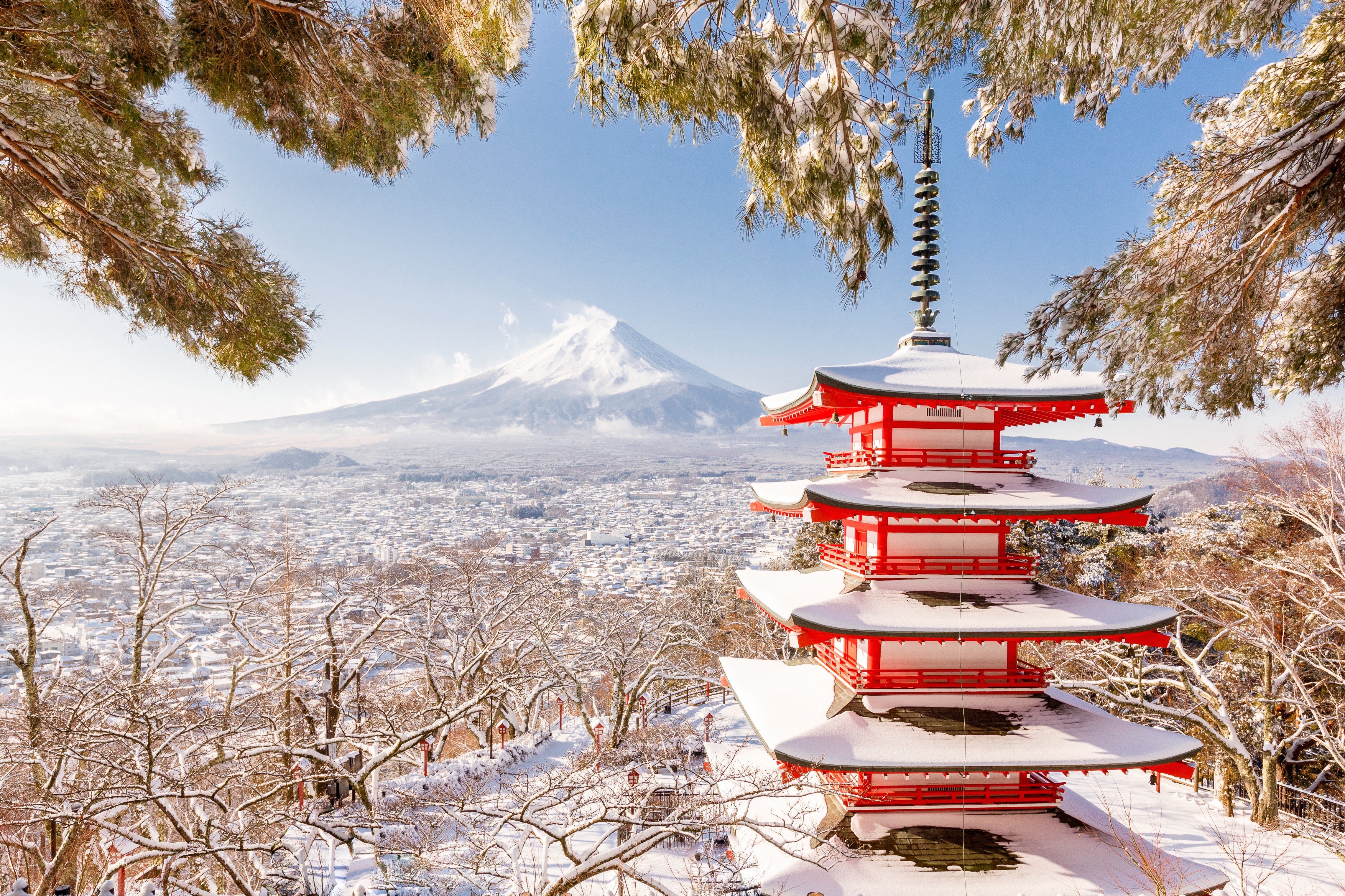 4K, Japan, Winter, Mount Fuji, Pagodas, Snow. Mocah HD Wallpaper
