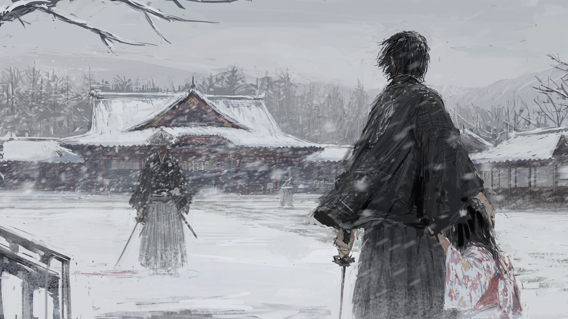 Wallpaper, Japan, samurai, katana, kimono, snowing, winter, wafuku, snow 1920x1080