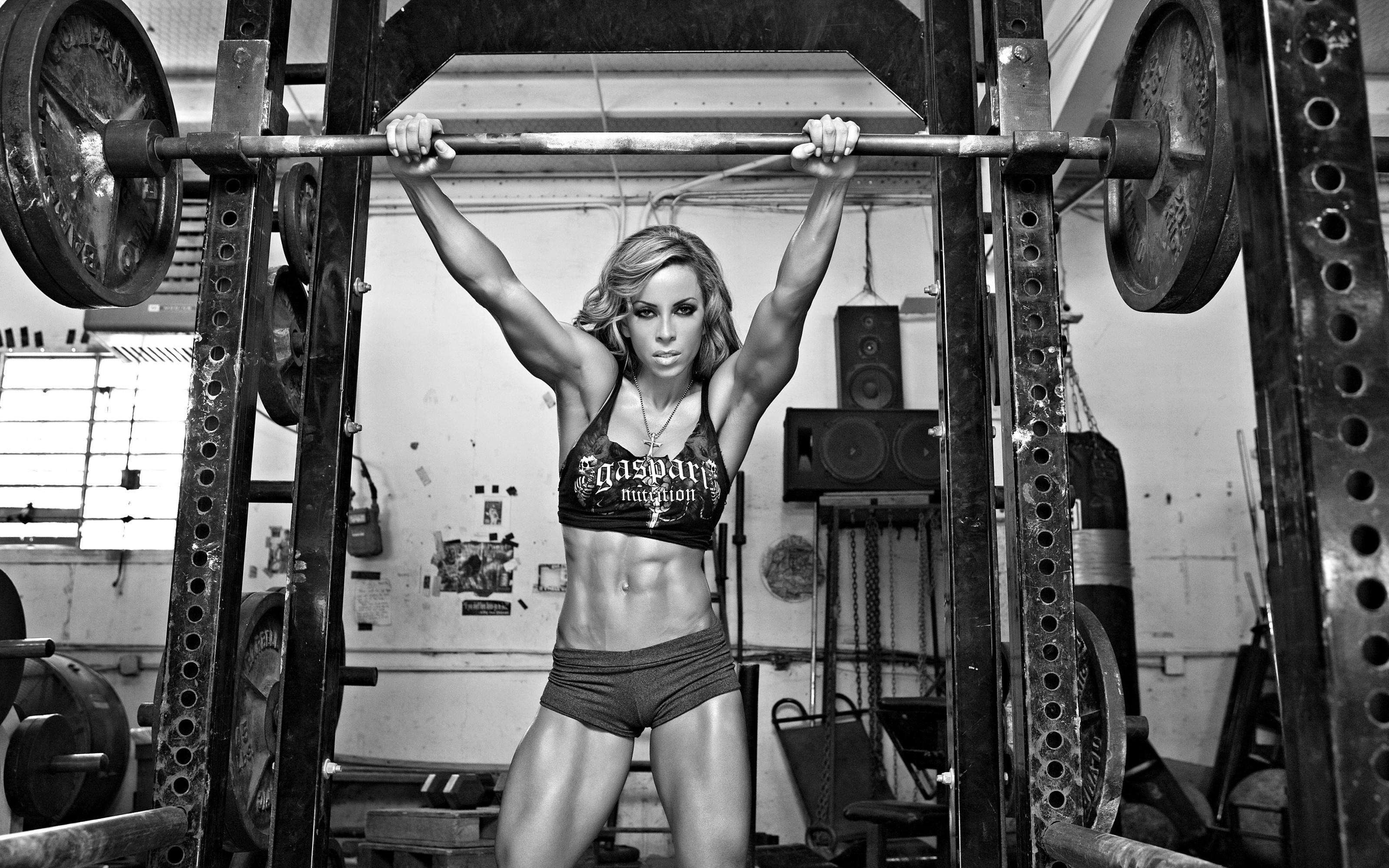 Wallpaper, women, sport, room, skinny, gyms, fitness model, sports bra, CrossFit, bodybuilding, barbell, muscle, arm, chest, black and white, monochrome photography, physical fitness, human action, weight training, biceps curl, strength training