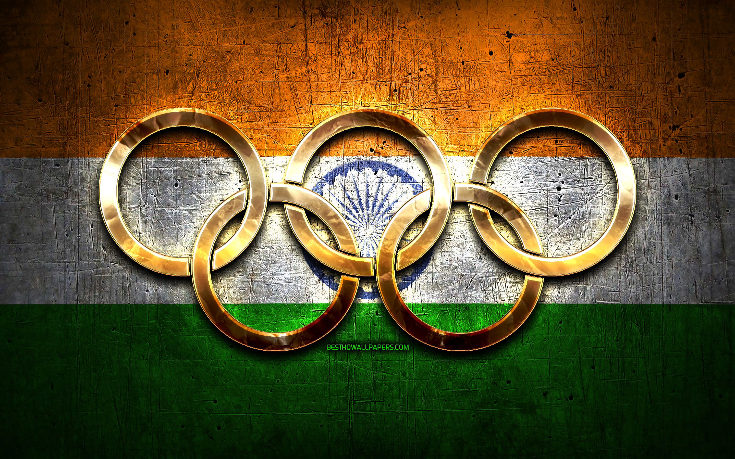Download wallpaper Indian olympic team, golden olympic rings, India at the Olympics, creative, Indian flag, metal background, India Olympic Team, flag of India for desktop with resolution 2880x1800. High Quality HD picture