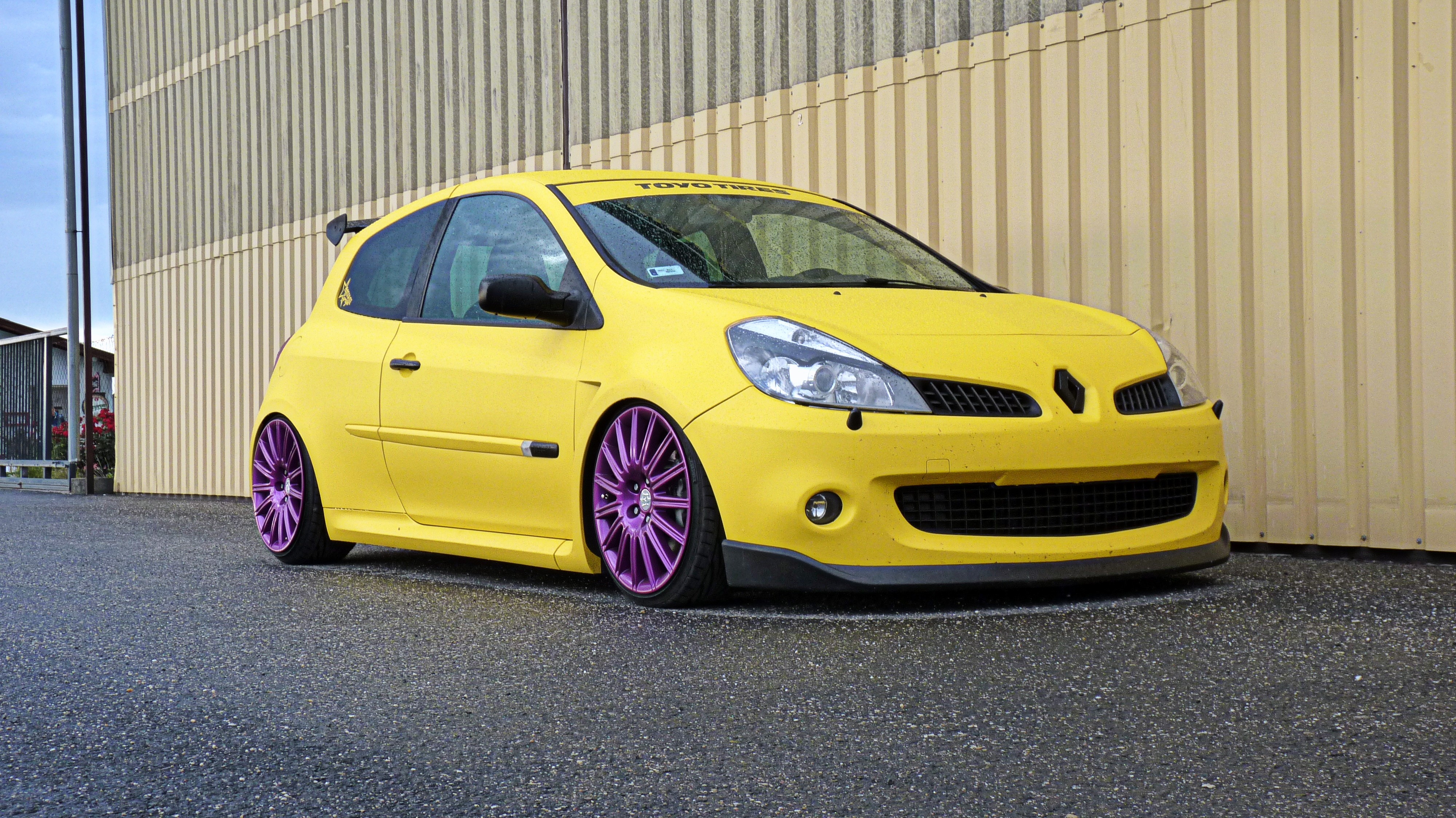 Wallpaper, tuning, Stance, Renault Clio, wheel, land vehicle, automotive design, automotive exterior, family car, bumper, city car, subcompact car, hatchback, hot hatch, renault clio v6 renault sport, renault clio renault sport