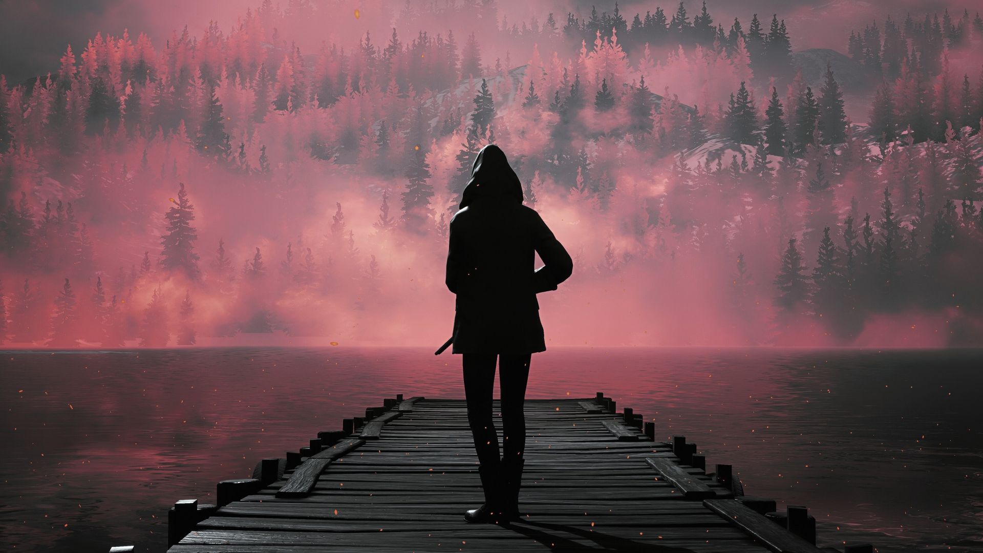 Desktop wallpaper girl in hood, silhouette, at pier, fantasy, art, HD image, picture, background, 1bf43a