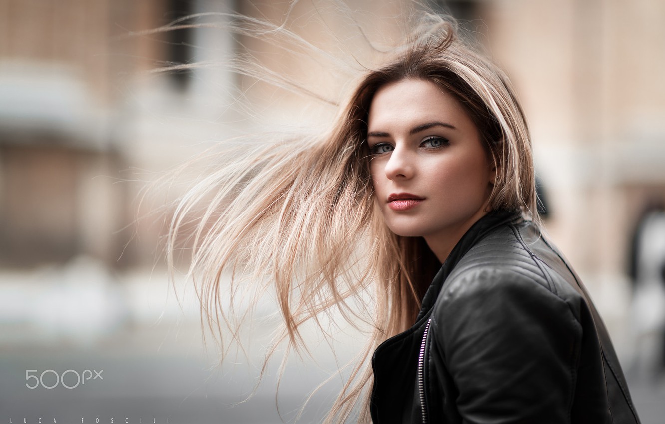 Wallpaper girl, long hair, photo, photographer, blue eyes, model, lips, face, blonde, portrait, jacket, mouth, makeup, red lipstick, leather jacket, lipstick image for desktop, section девушки