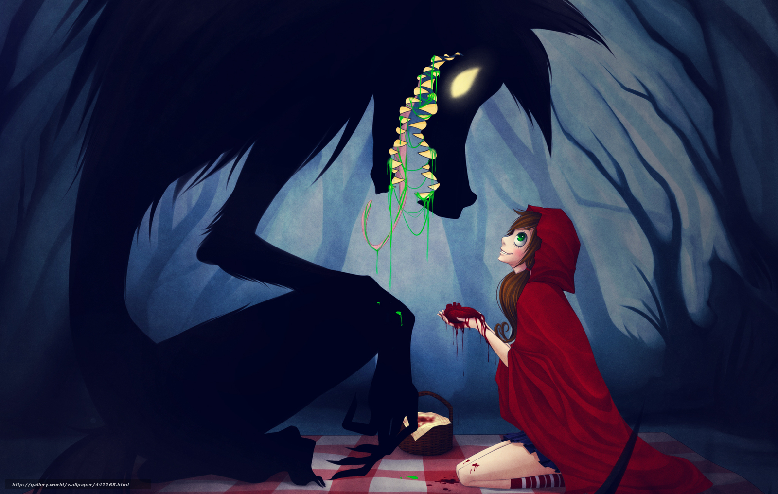 Download wallpaper Red Riding Hood, wolf. heart, forest, girl free desktop wallpaper in the resolution 2048x1300