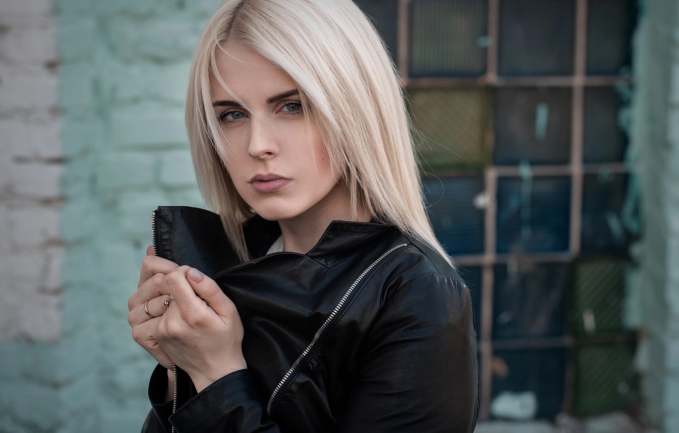 Wallpaper girl, Model, long hair, photo, photographer, blue eyes, bokeh, face, blonde, pose, portrait, jacket, mouth, black jacket, leather jacket, looking at camera image for desktop, section девушки
