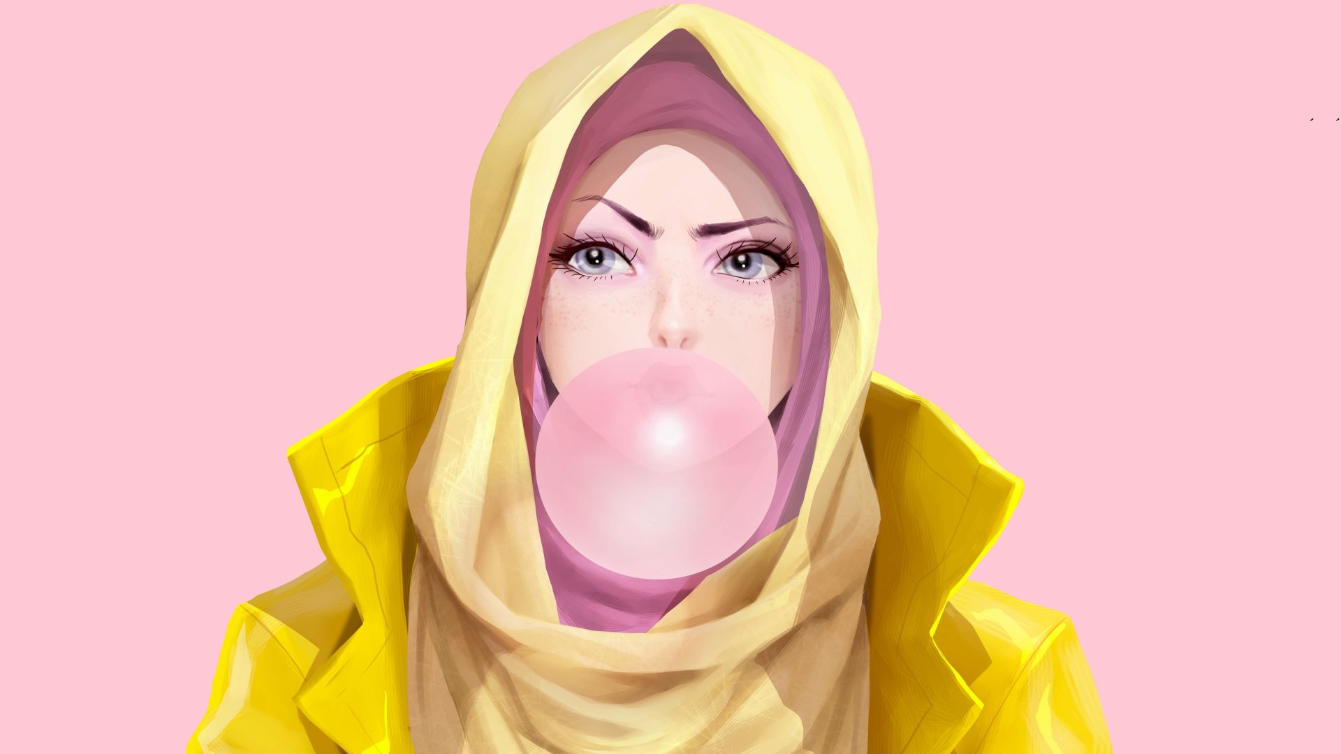 Desktop wallpaper girl in hood, bubble gum, original, art, HD image, picture, background, 1f7eef