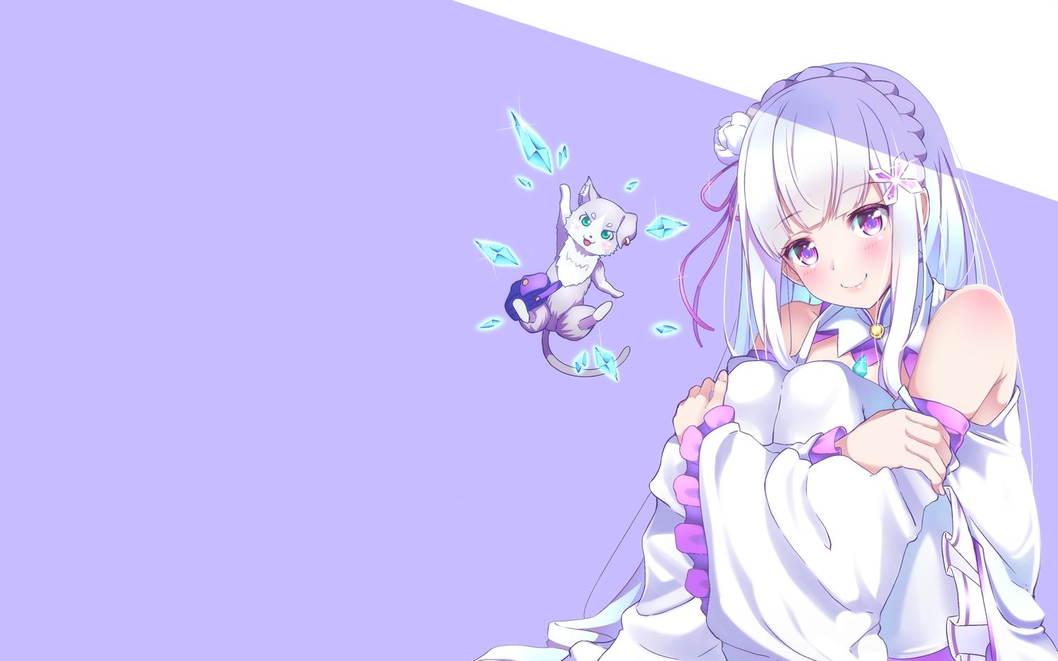 animal cat emilia flowers long_hair nanamira_bi puck purple re:zero_kara_hajimeru_isekai_seikatsu ribbons white_hair. Anime, Anime wallpaper, Wallpaper