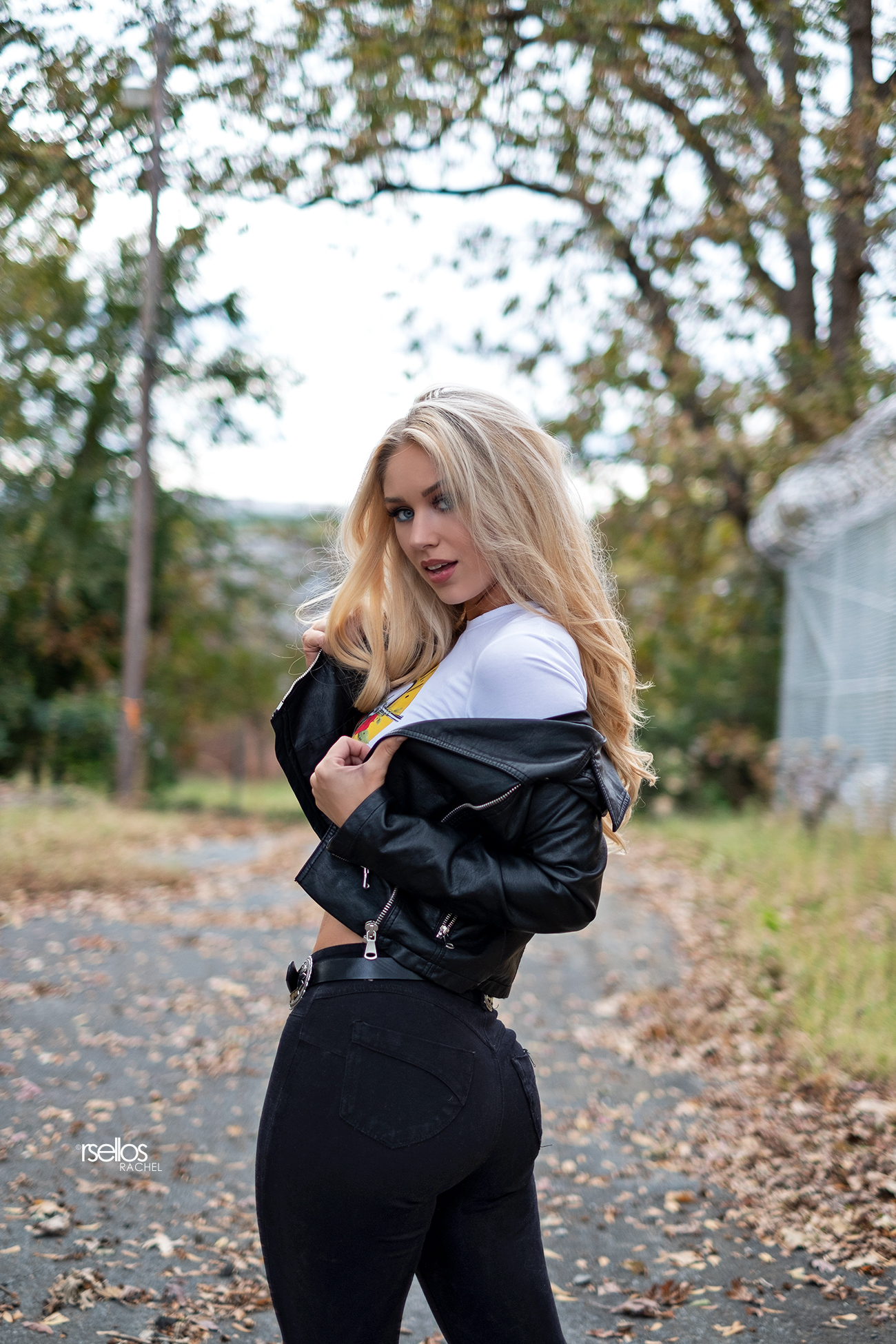 Wallpaper, model, blonde, long hair, gray eyes, T shirt, leather jackets, jacket, black jackets, jeans, ass, depth of field, portrait display, street, women outdoors, Rsellos, Rachel Ford 1300x1950