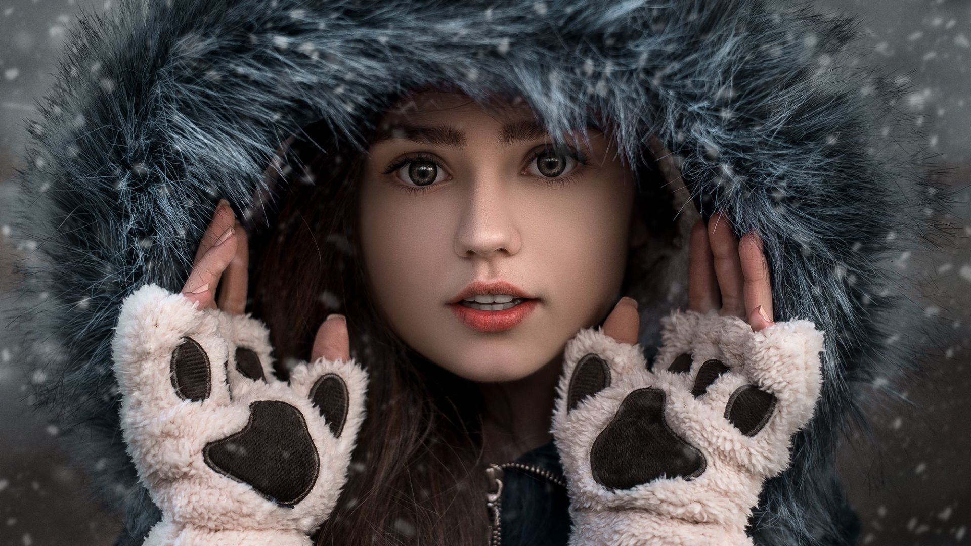Desktop wallpaper winter, girl in hood, girl model, HD image, picture, background, 4eaf1b