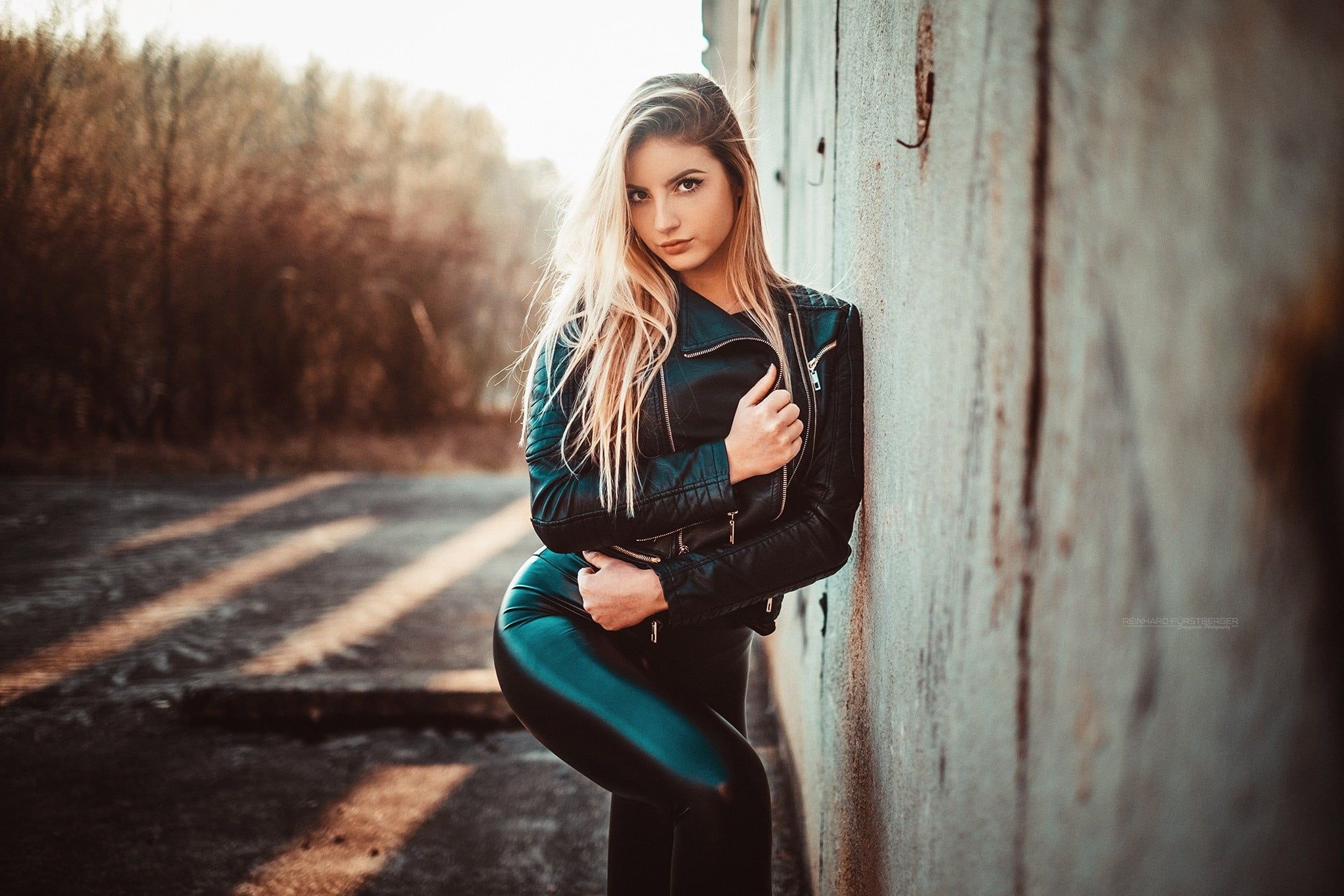 women's green and black jacket #women #blonde #portrait leather jackets black clothing leather leggings #wall. Leather leggings, Usa leather, Womens black jacket