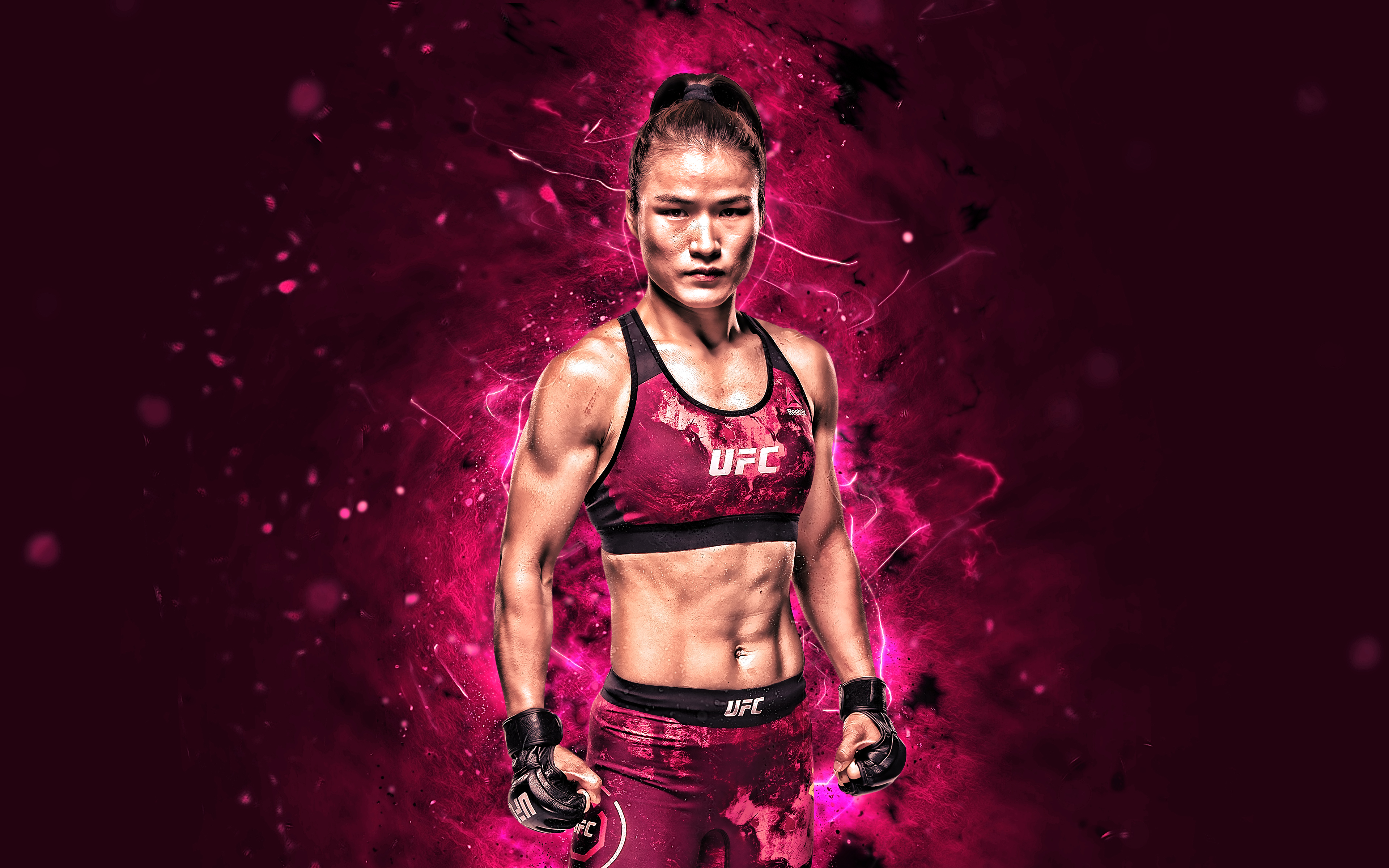 Download wallpaper Weili Zhang, 4k, purple neon lights, Chinese fighters, MMA, UFC, female fighters, Mixed martial arts, Weili Zhang 4K, UFC fighters, Magnum, MMA fighters for desktop with resolution 3840x2400. High Quality