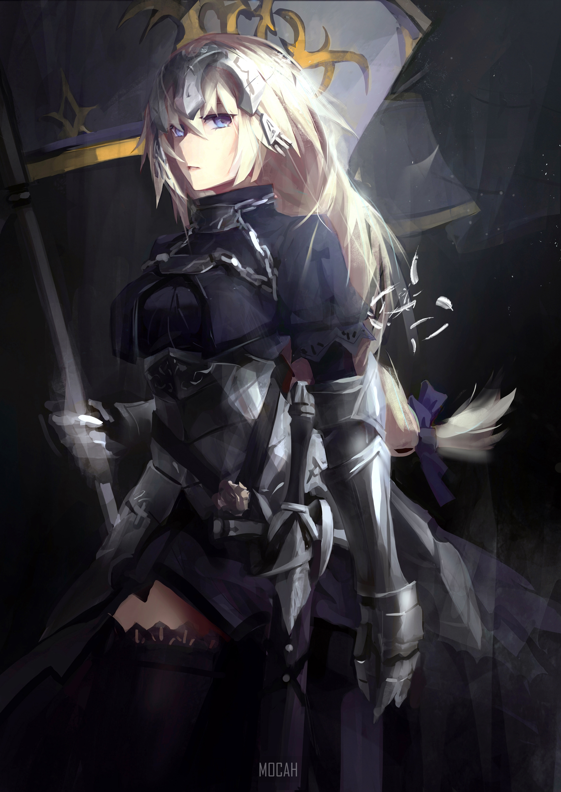 Fate Series, Fate Apocrypha, Anime Girl, Ruler (Fate Apocrypha), Thighs, Armor, Women With Swords, FGO, Jeanne DArc (Fate), Blond Hair, Long Hair, Blue Eyes, Looking At Viewer, Open Mouth, Black Stockings, Big Boobs